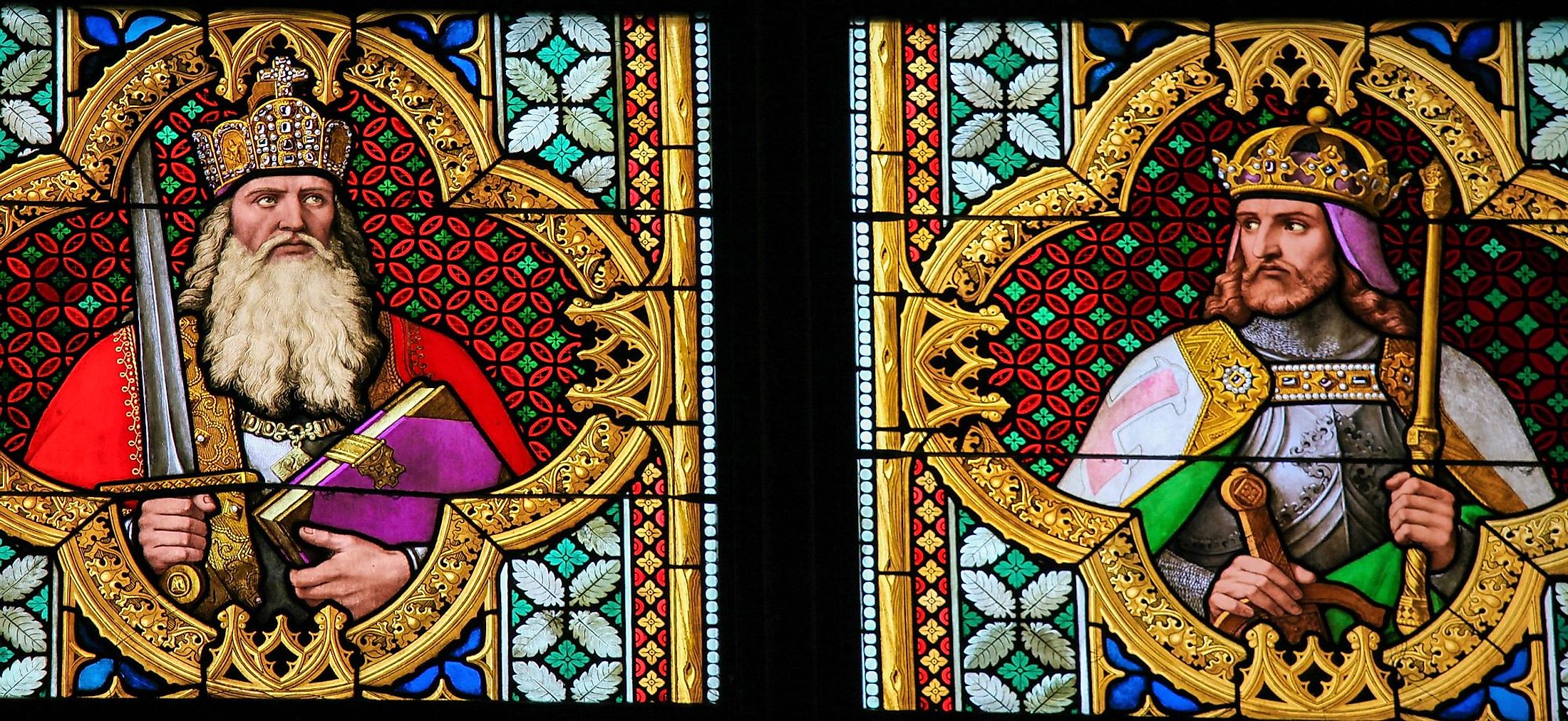 Stained glass window depicting Charlemagne or Charles the Great, on the left side, in the Dom of Cologne, Germany. Editorial credit: jorisvo / Shutterstock.com