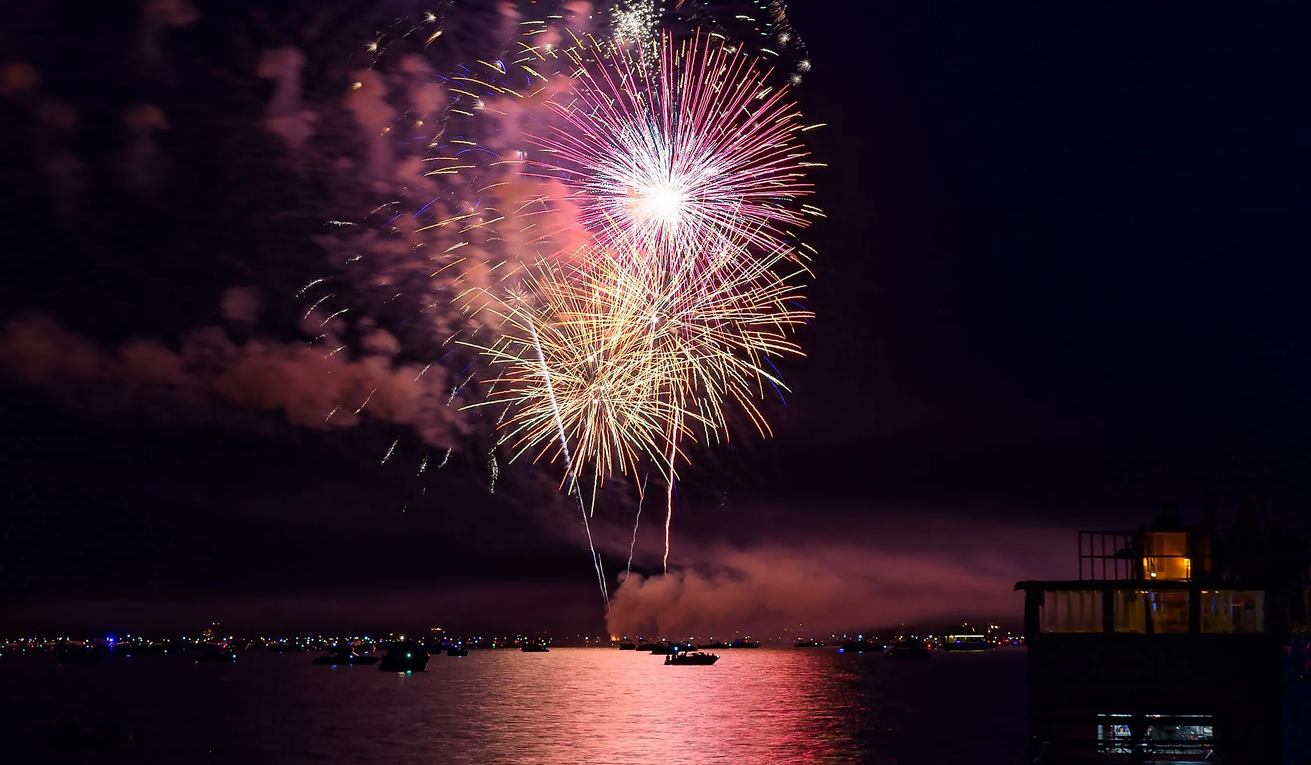 Watching Fireworks Display From Aboard Boats in Lake - Excelsior, Minnesota, USA