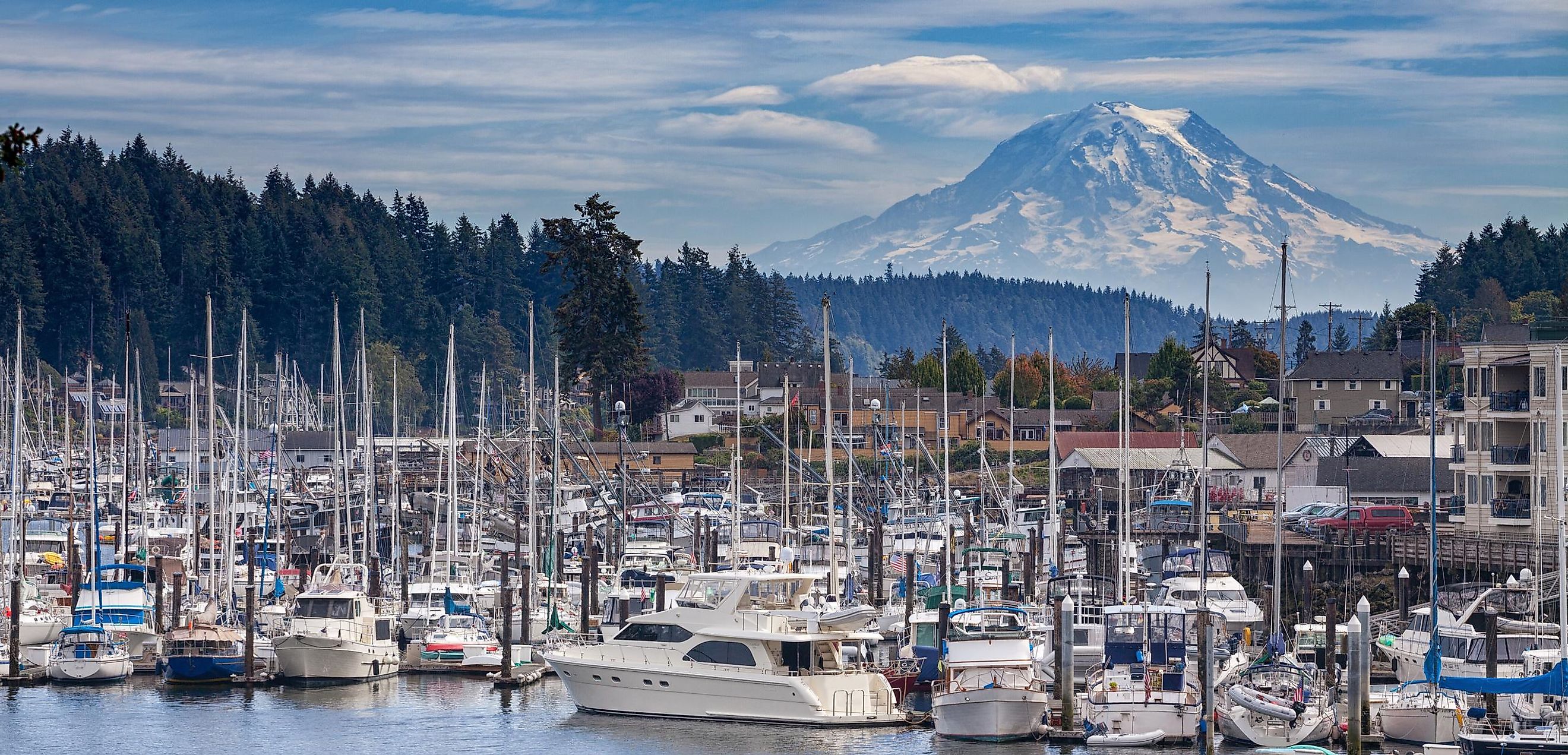 View of Gig Harbor, Washington with Mount Rainer in the background.