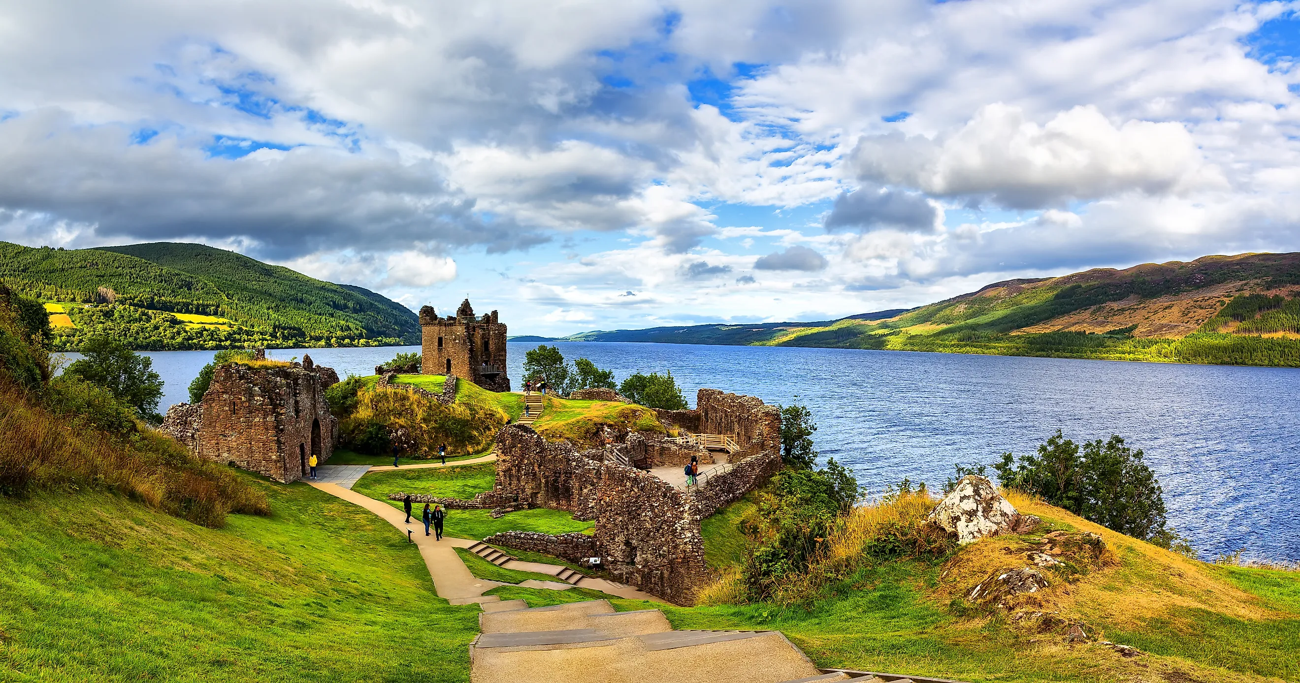 DRUMNADROCHIT, SCOTLAND 2022, August 19:  Ruins of Urquhart Castle along Loch Ness, Scotland, Great Britain