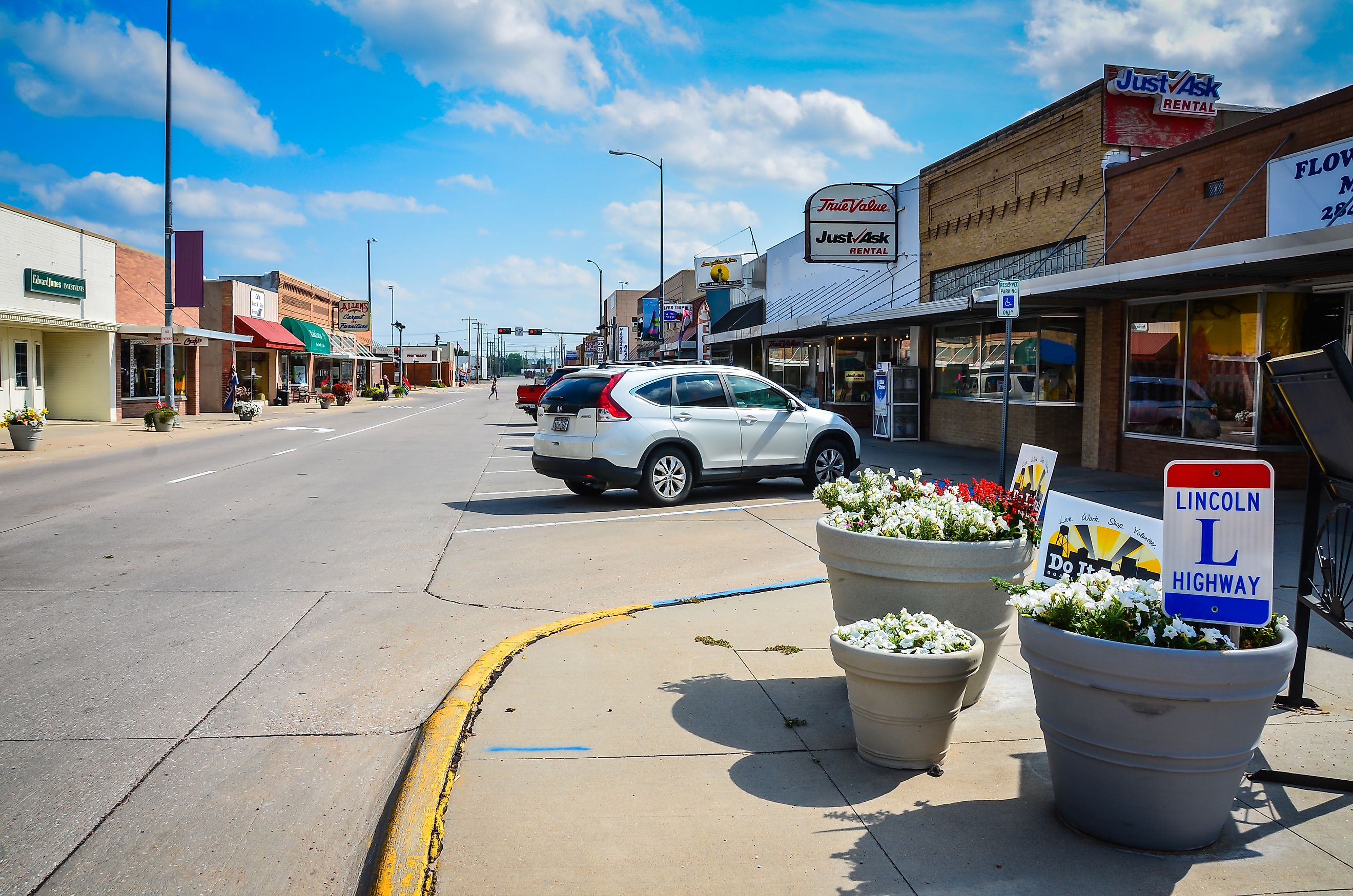 Ogallala, Nebraska / USA - August 21, 2013: The Lincoln Highway, the United State's first transcontinental highway, runs through a typical American main street in Ogallala, NE.