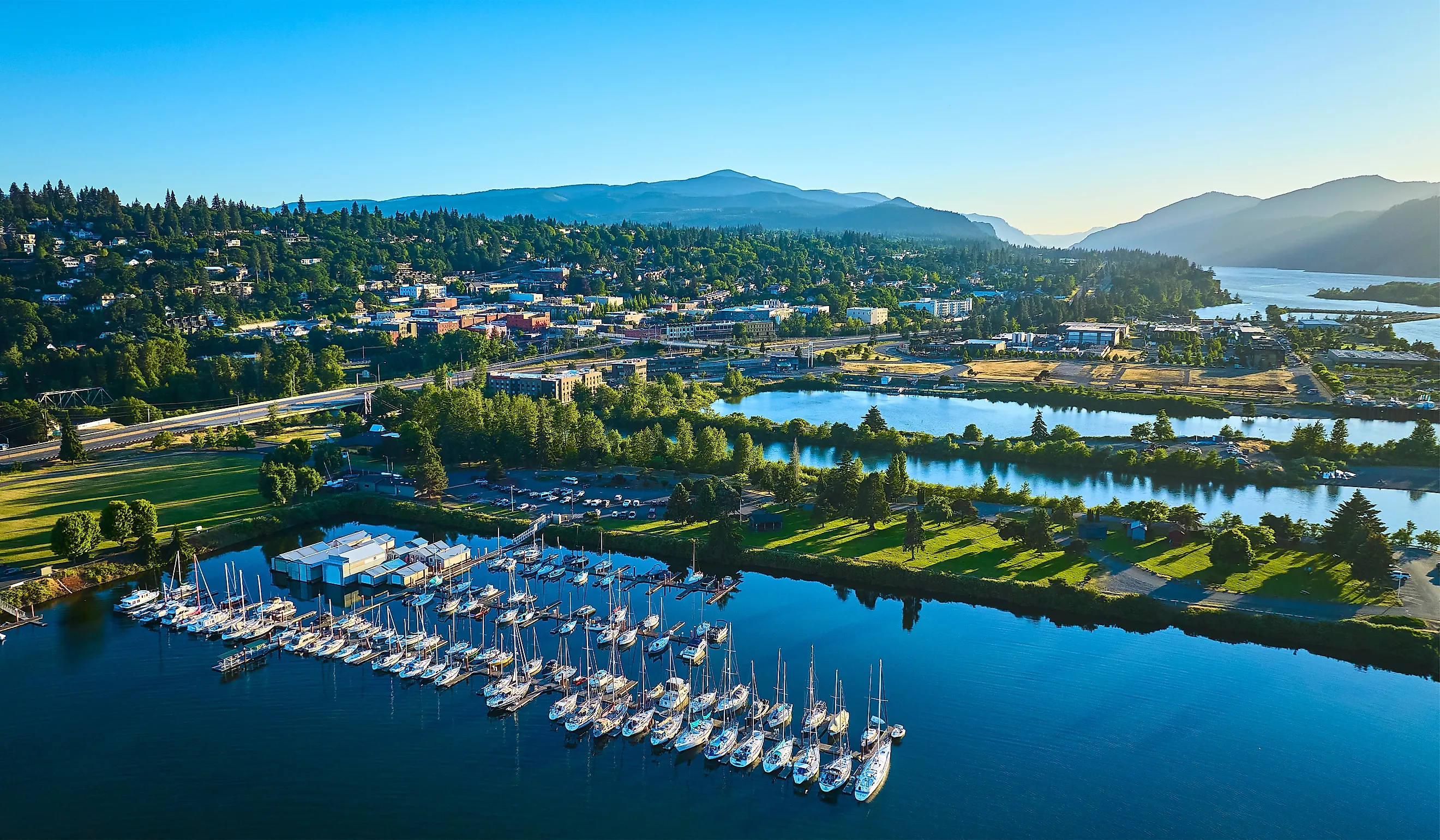 Aerial view of the marina in Hood River, Oregon.
