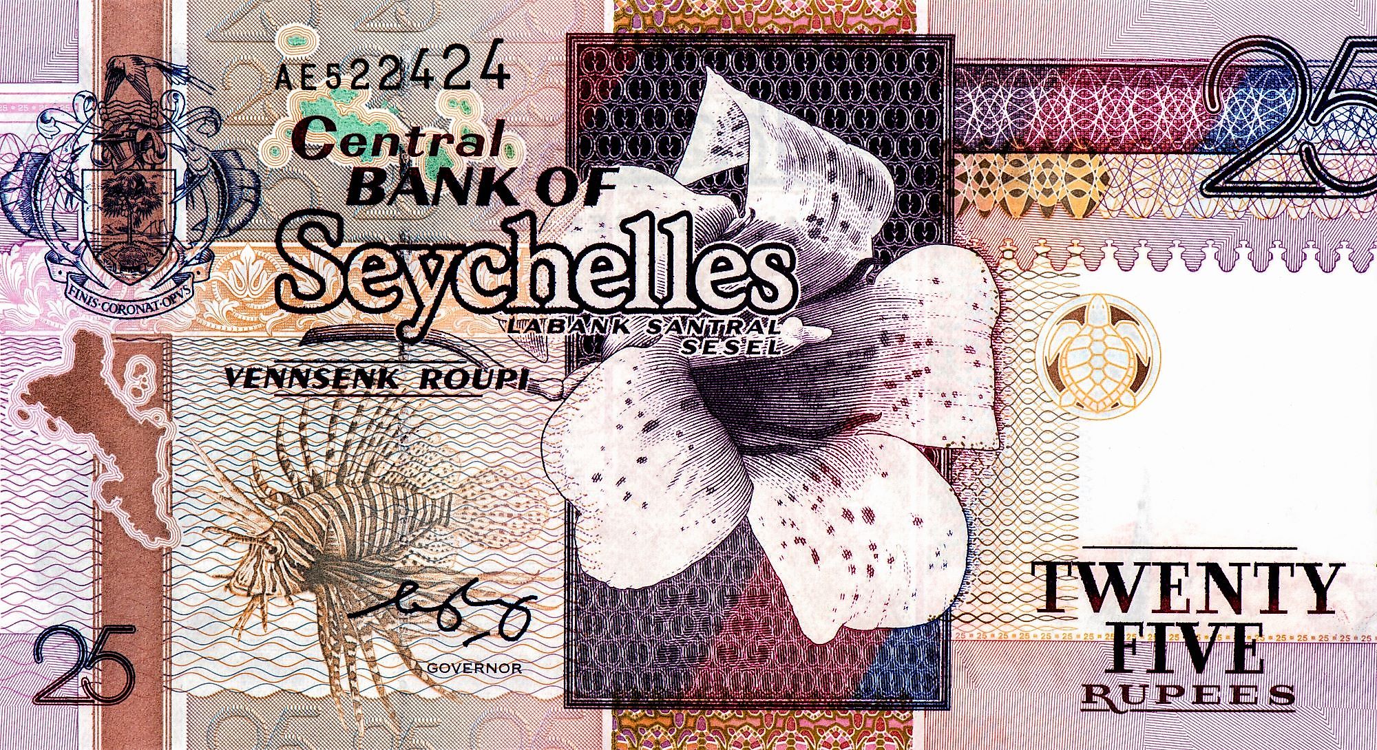 Seychellois rupee coin and banknote.