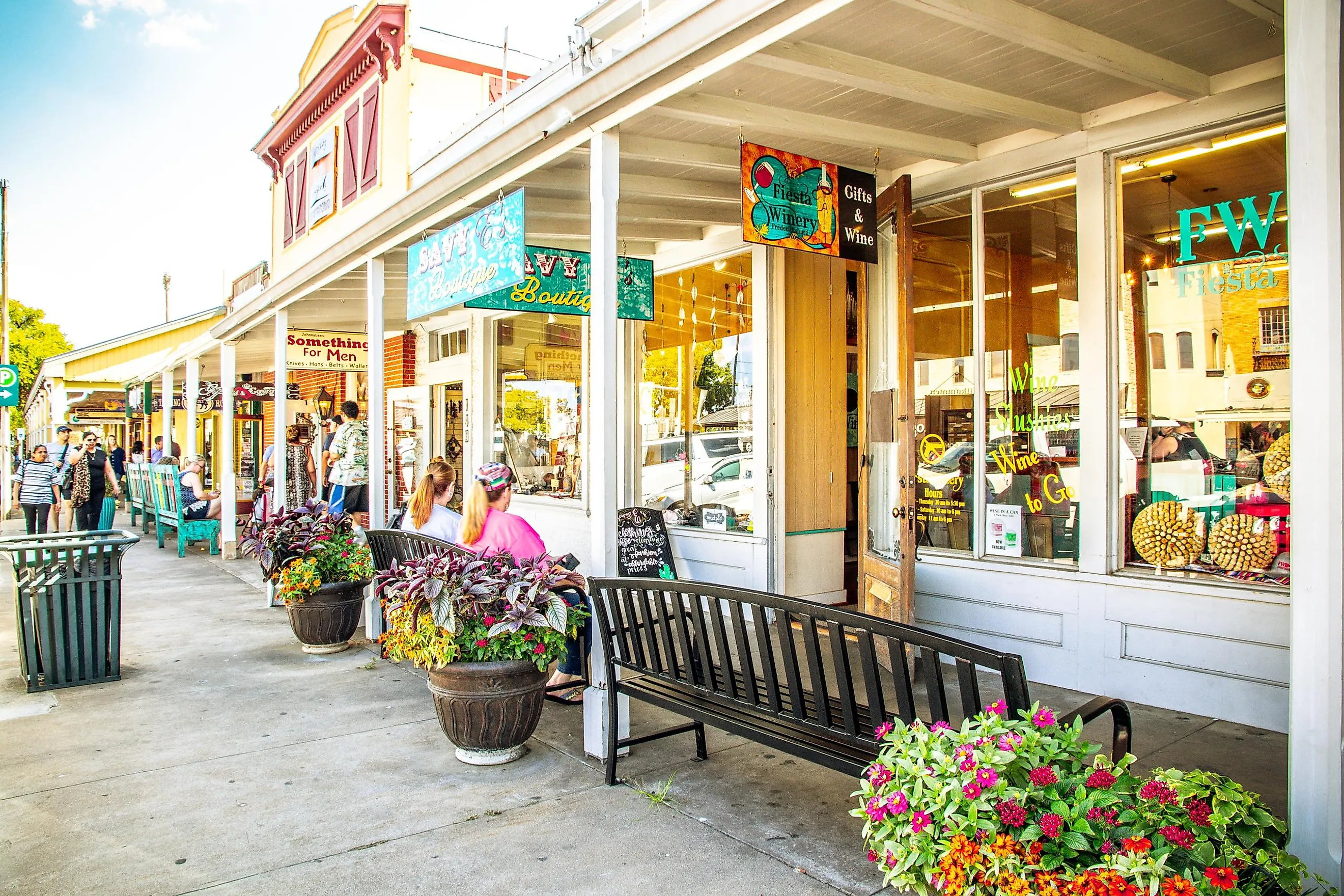 The Main Street in Frederiksburg, Texas, also known as "The Magic Mile", with retail stores and poeple walking