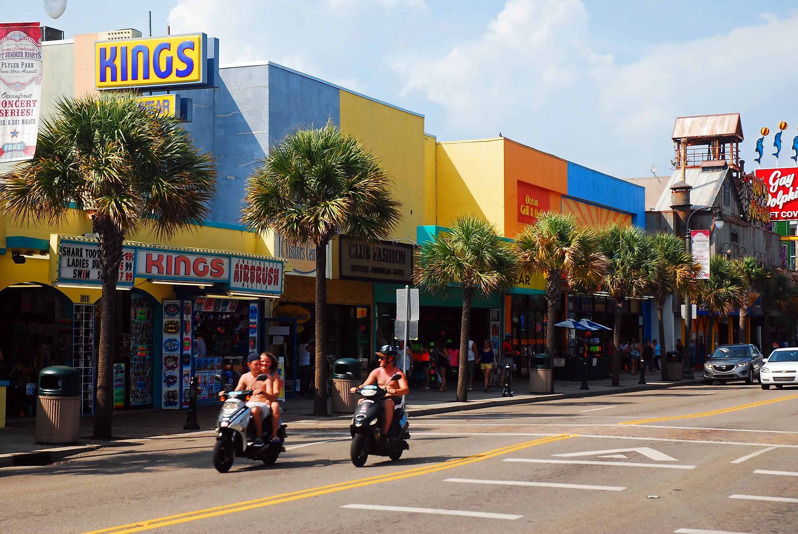 Myrtle Beach, SC: Two motorcycles ride down the main street on a summer day in Myrtle Beach, South Carolina, via James Kirkikis / Shutterstock.com