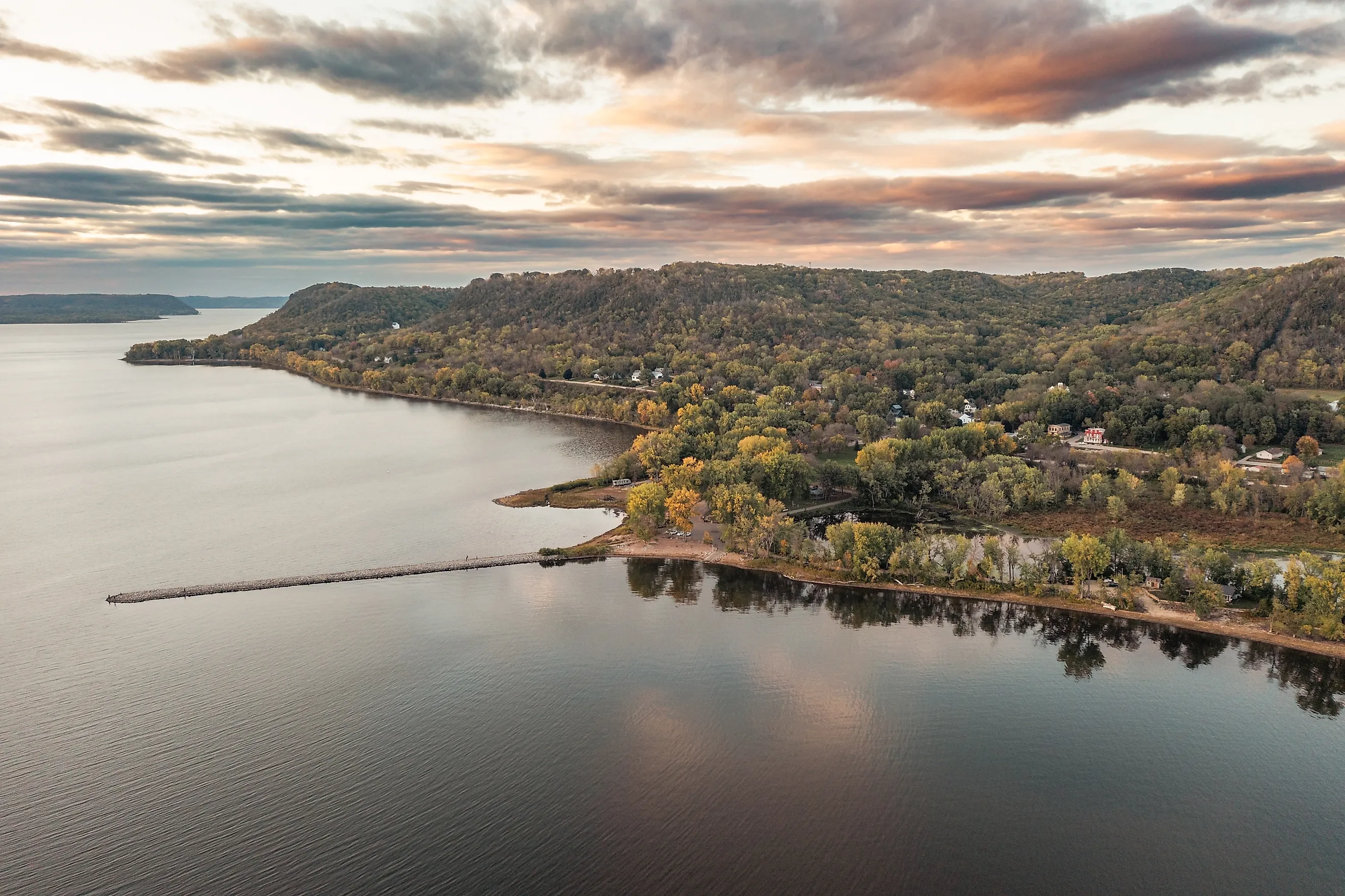 Sunset drone photos over Lake Pepin on the Mississippi River in Stockholm, Wisconsin