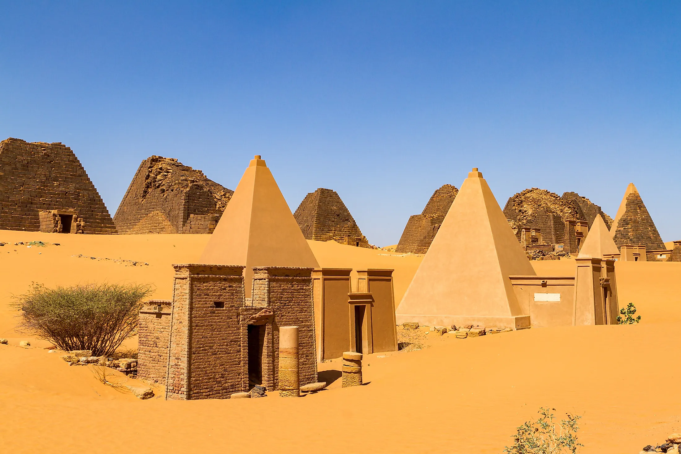 Historical Meroe pyramids in the Sahara desert in Sudan.