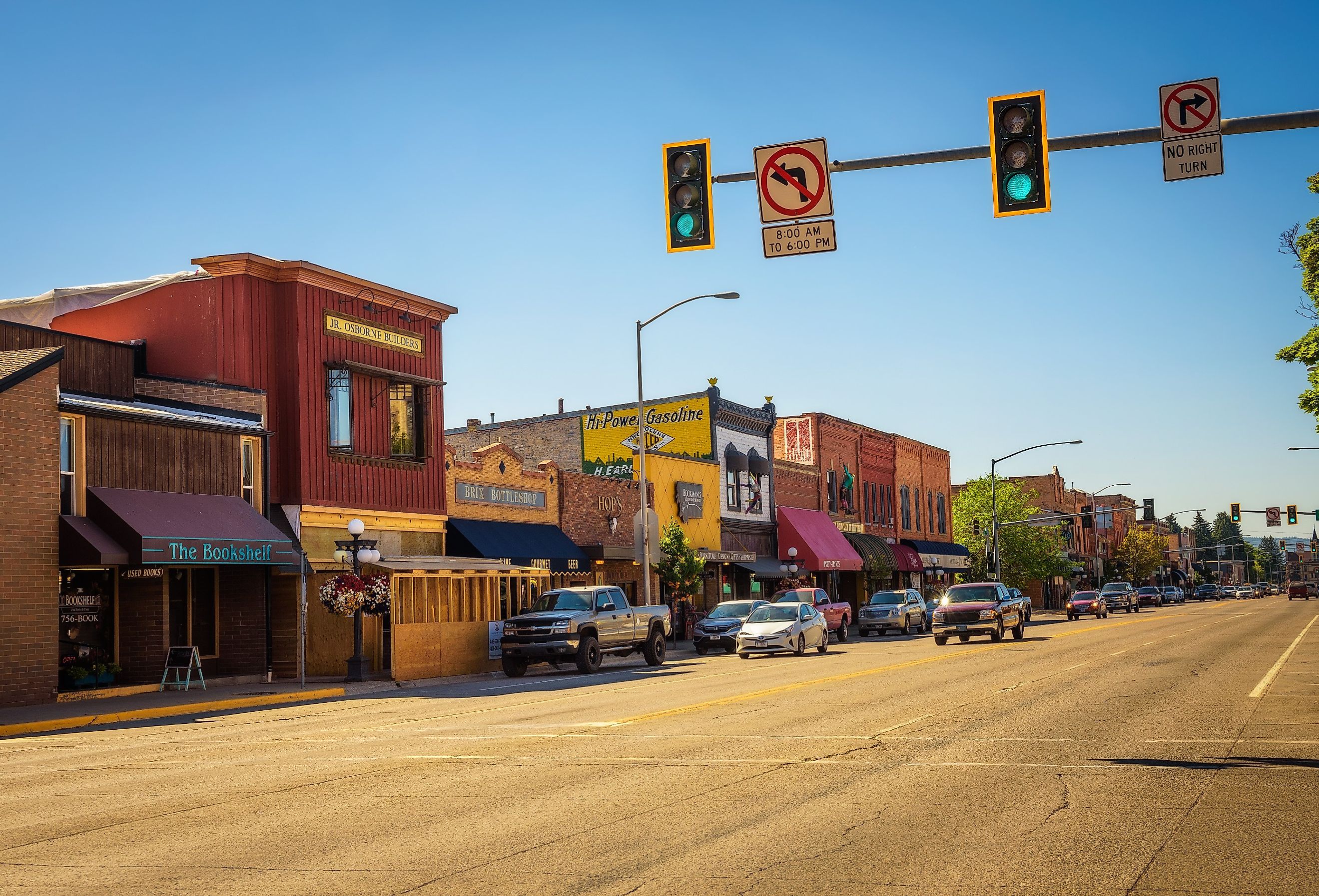 Scenic street view with shops and restaurants in Kalispell, Montana. Image credit Nick Fox via Shutterstock