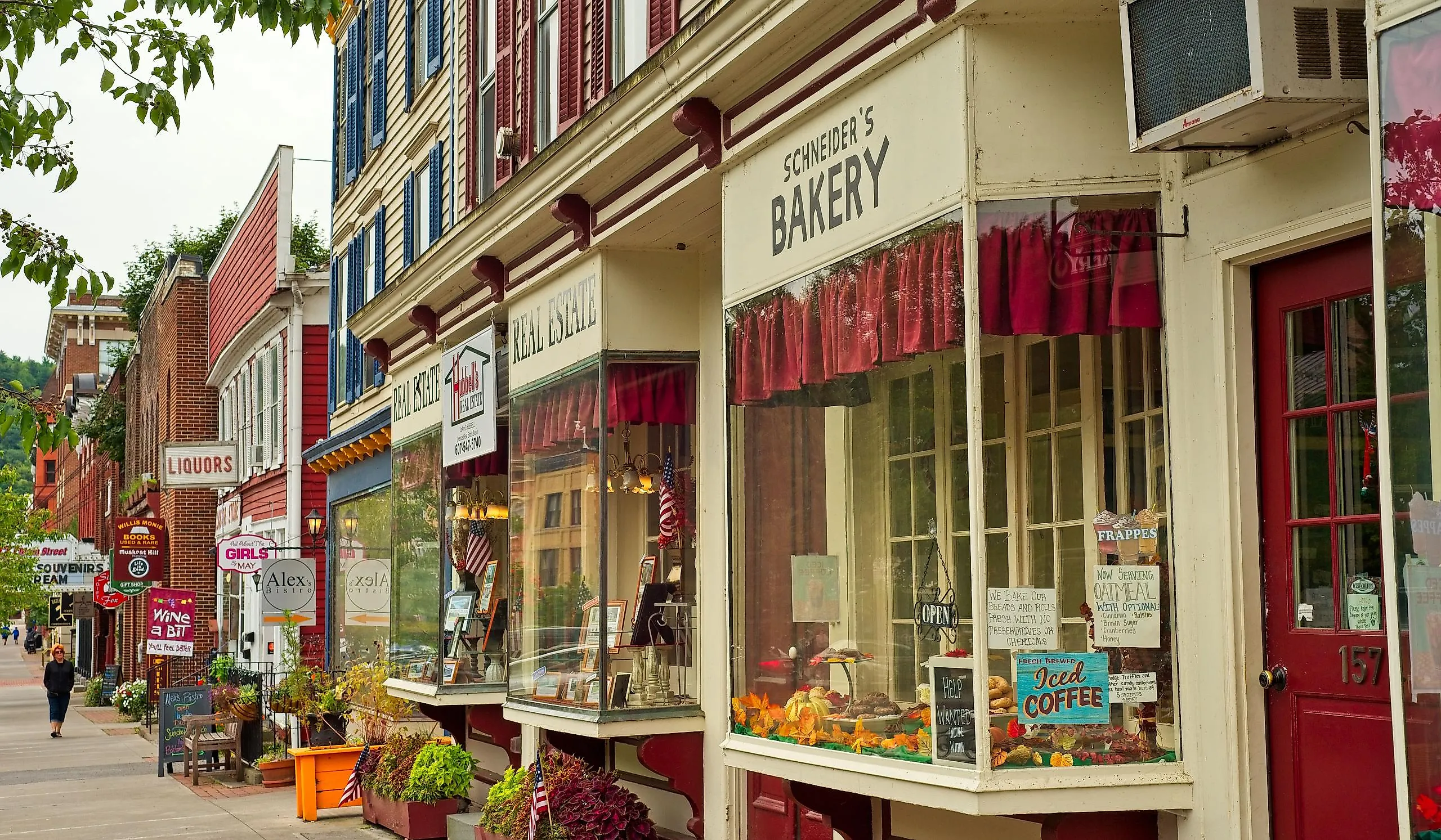 Shops, eateries, and baseball-themed attractions line the sidewalk on Main Street in Cooperstown, New York. Images Credits: Kenneth Sponsler via Shutterstock
