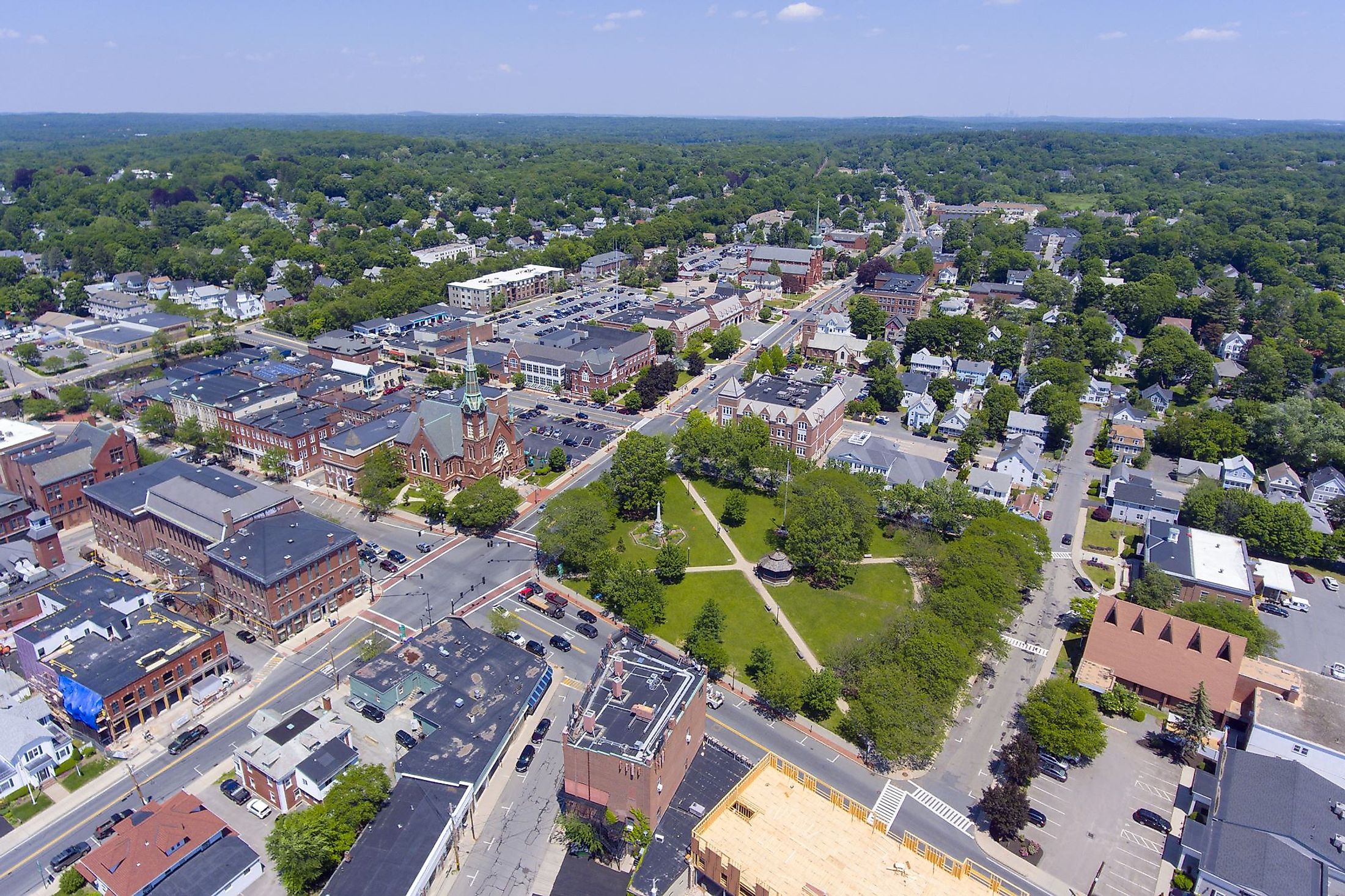 Aerial view of downtown Natick, Massachusetts. 