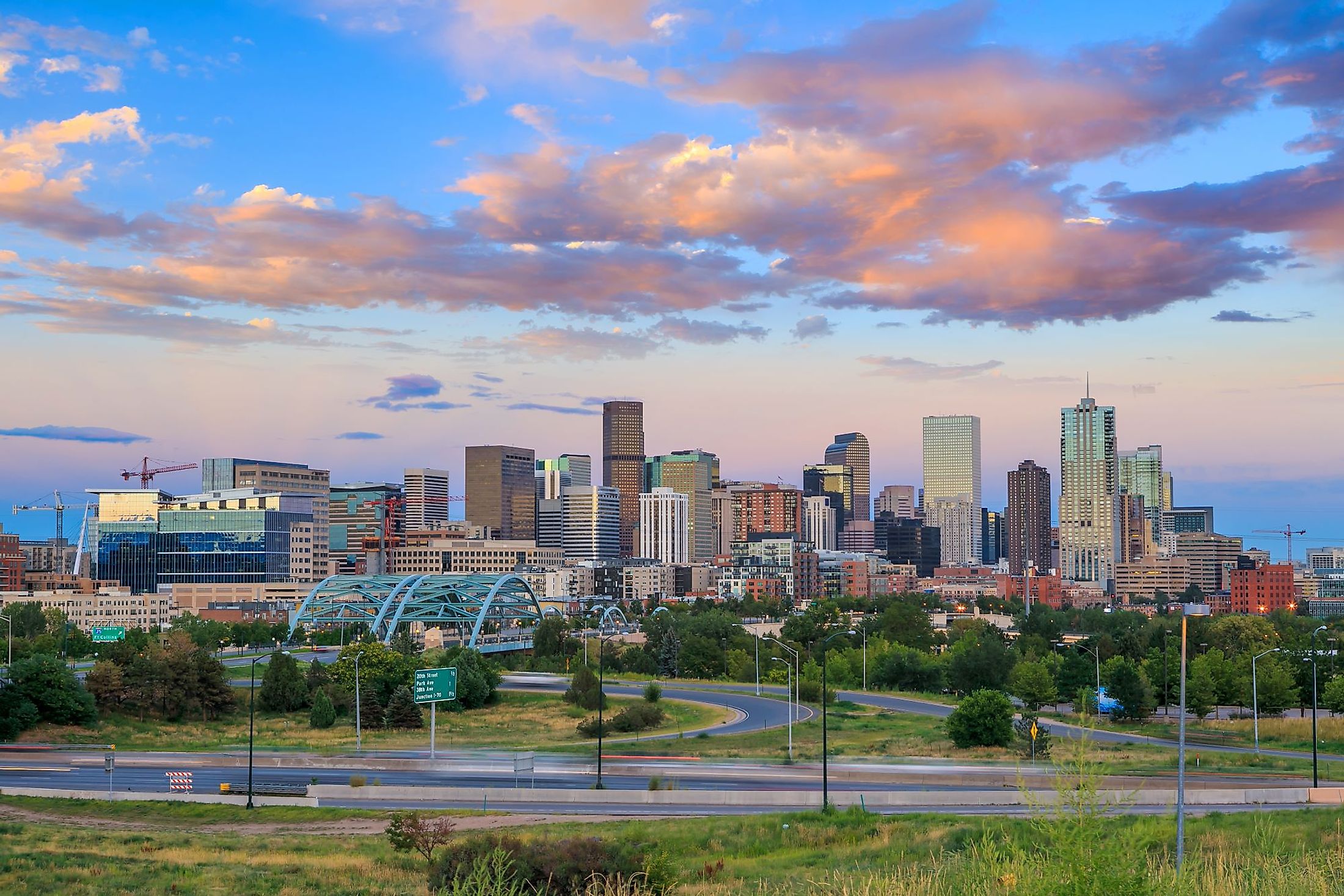 Panorama of Denver skyline at twilight. 