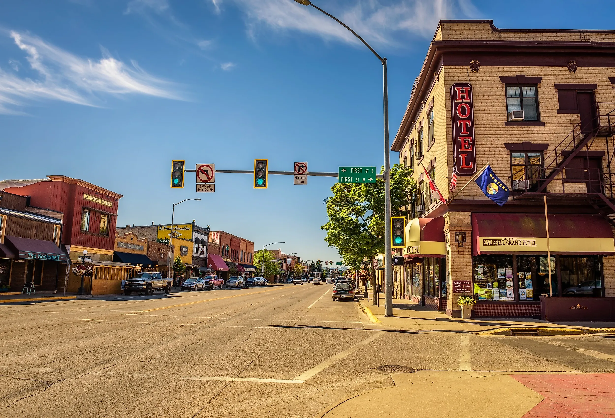 Scenic street view with shops and hotels in Kalispell, Montana. Image credit Nick Fox via Shutterstock