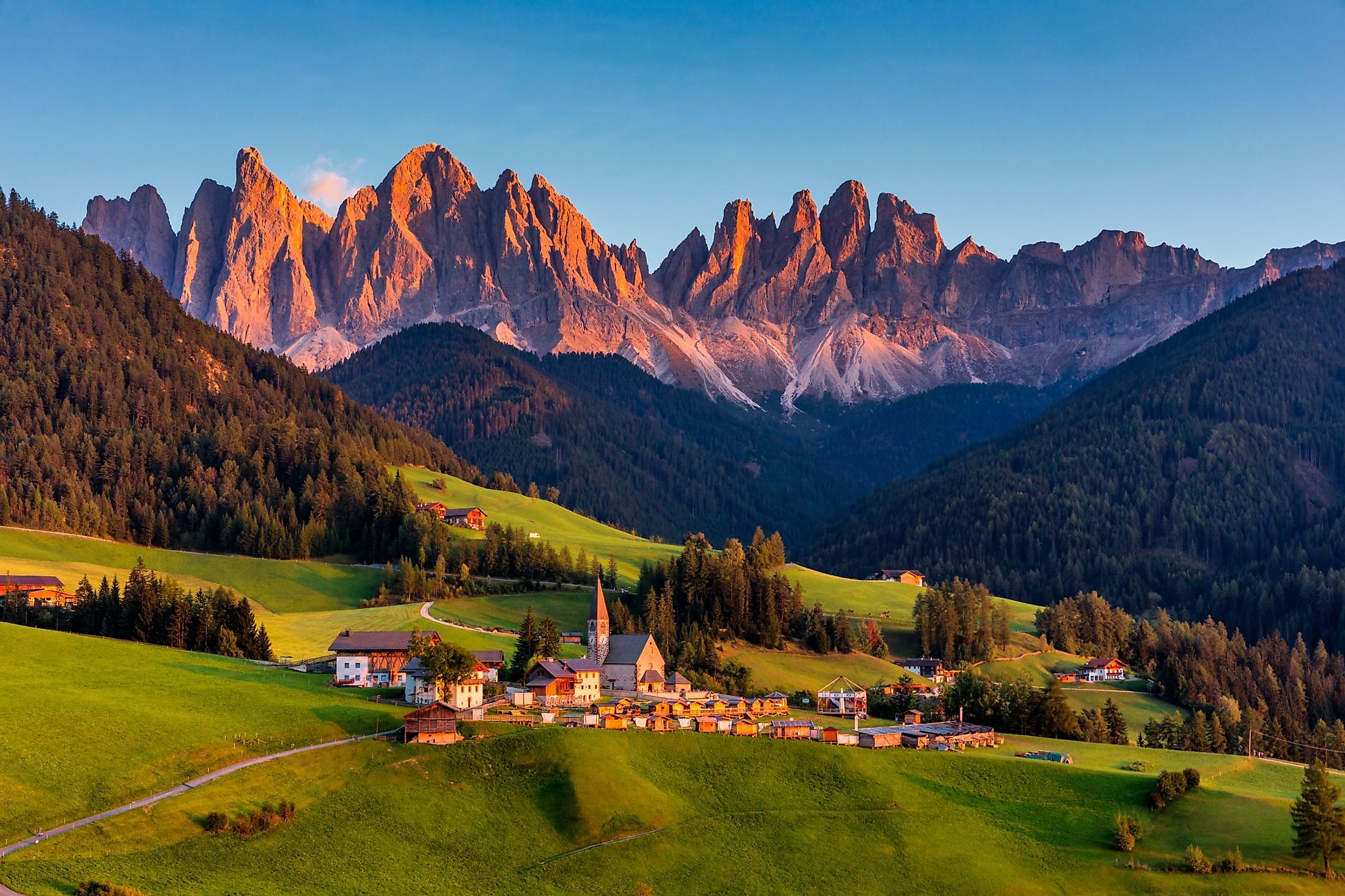 Santa Maddalena village with the magical Dolomites mountains in the background. 