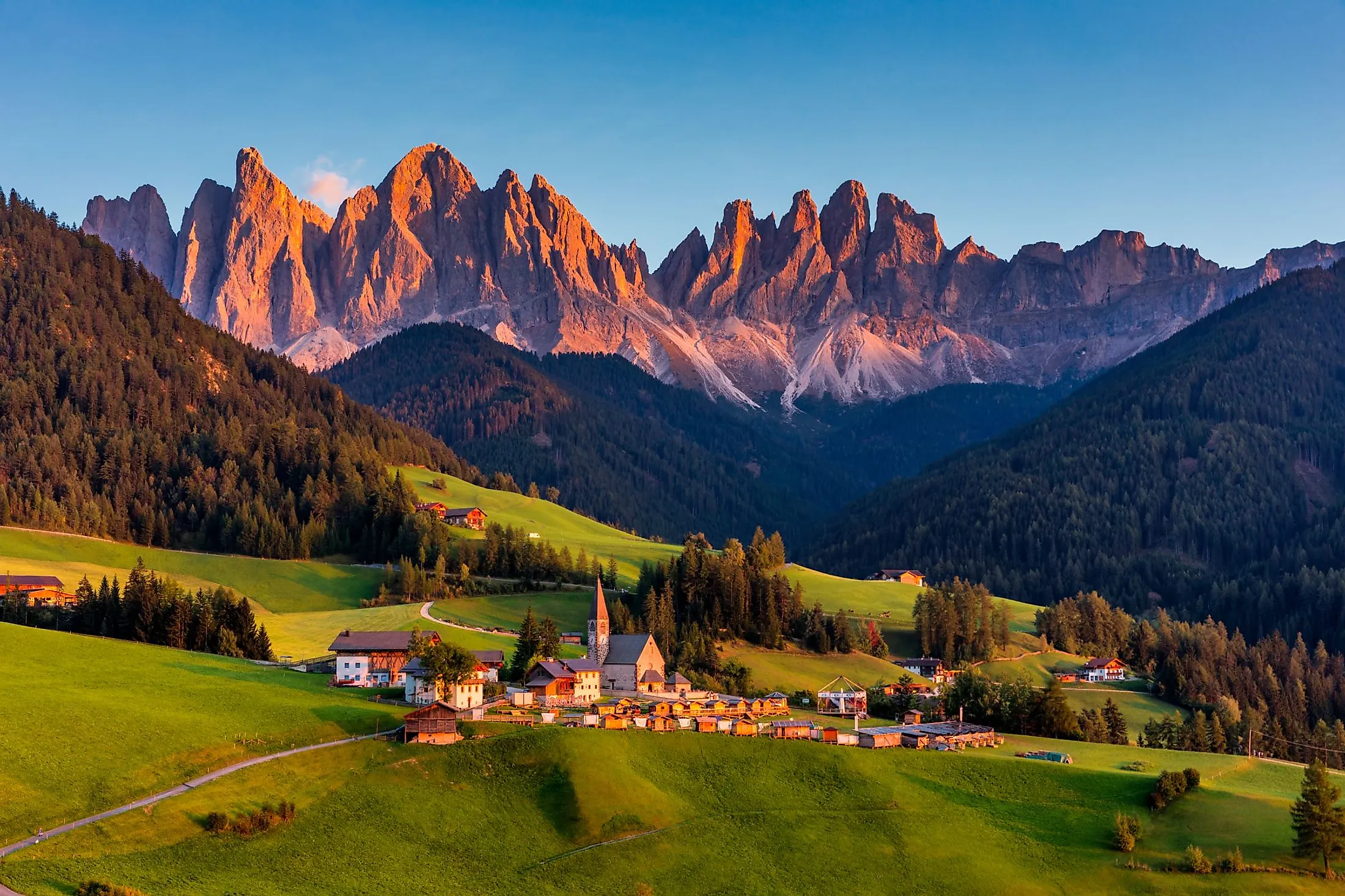 Santa Maddalena village with the magical Dolomites mountains in the background.