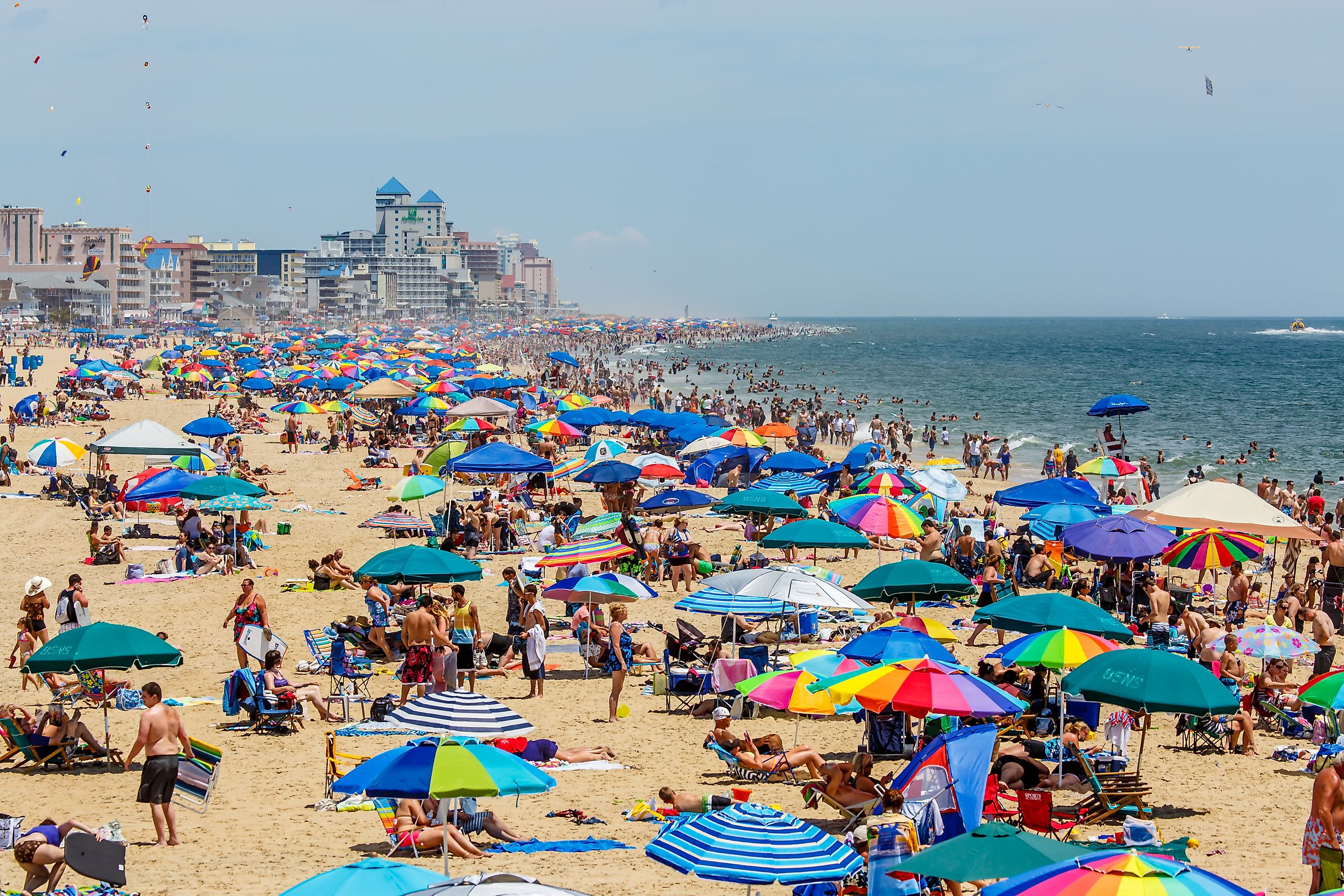 Crowded beach in Ocean City, MD on July 6, 2014. Ocean City, MD is a popular beach resorts on East Coast and one of the cleanest in the country.