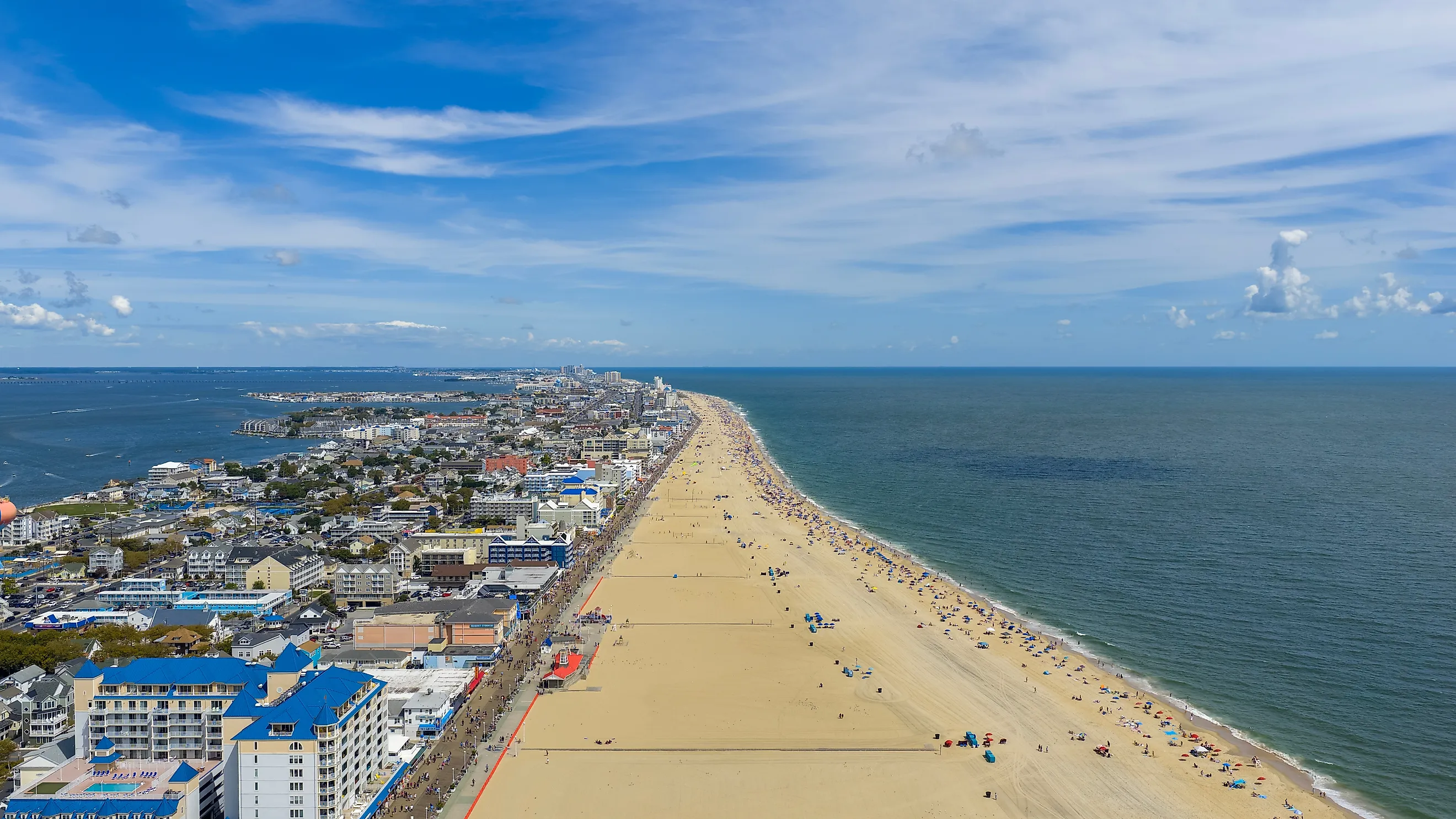 Aerial shot of hotels and condos along the coast of the Atlantic ocean in Ocean City, Maryland.