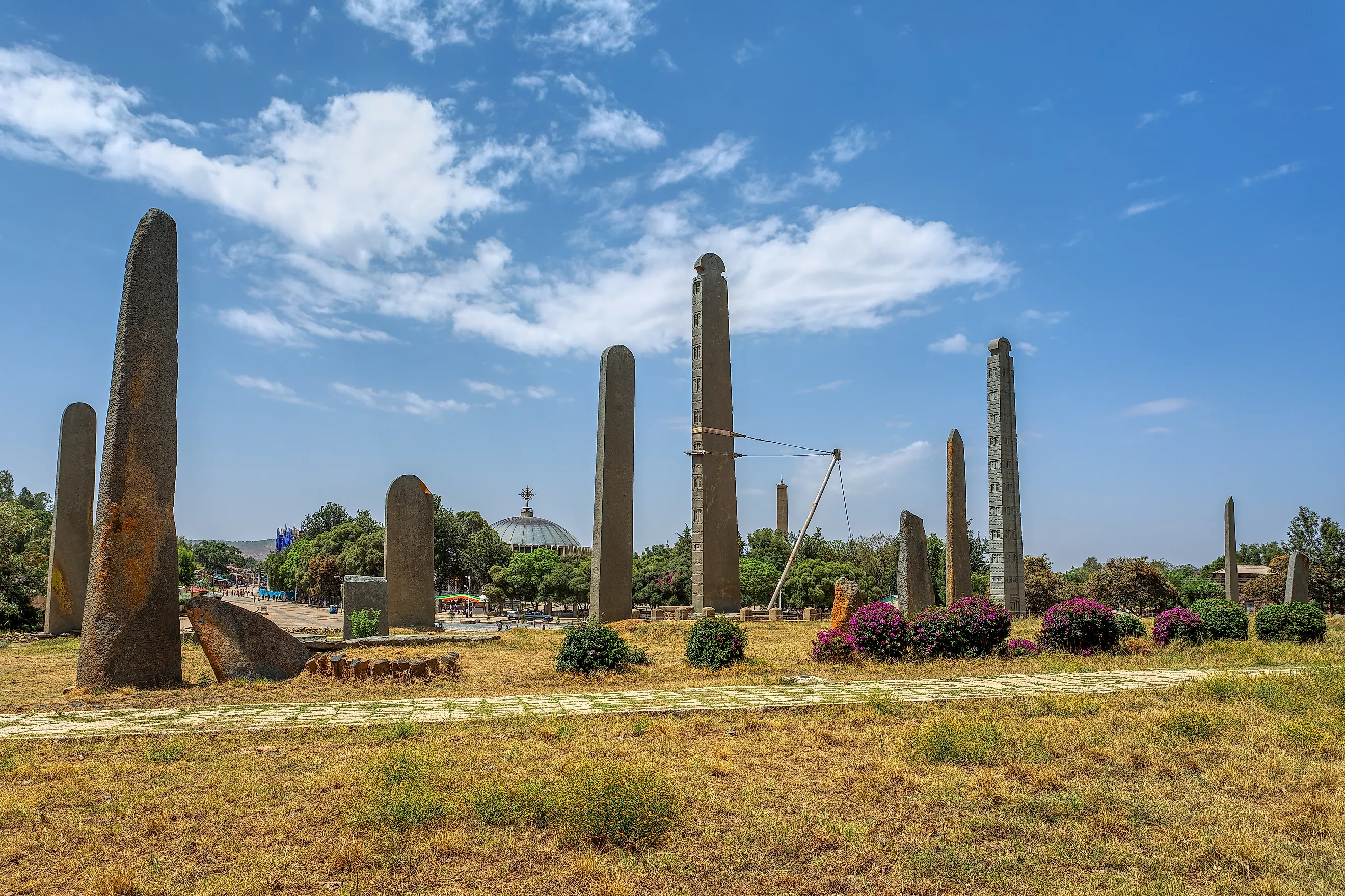 Ancient monolith stone obelisk, symbol of the Aksumite civilization in city Aksum, Ethiopia