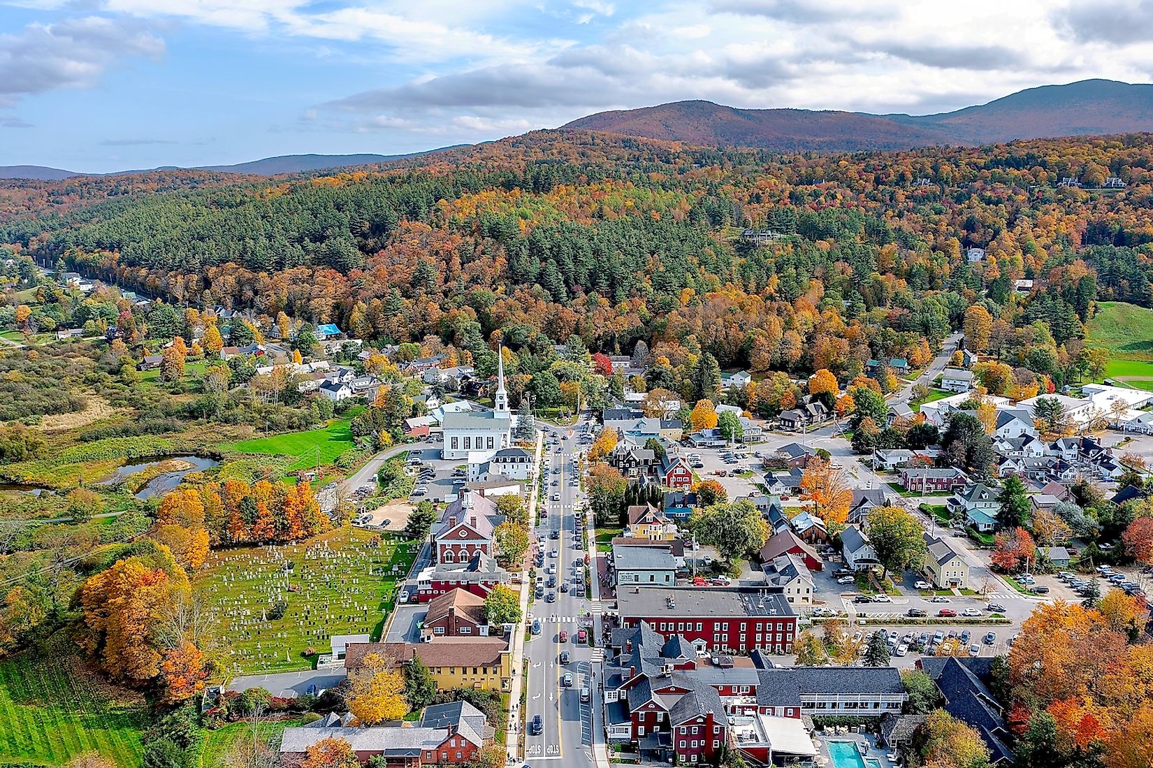 Aerial view of Stowe, Vermont in the fall.
