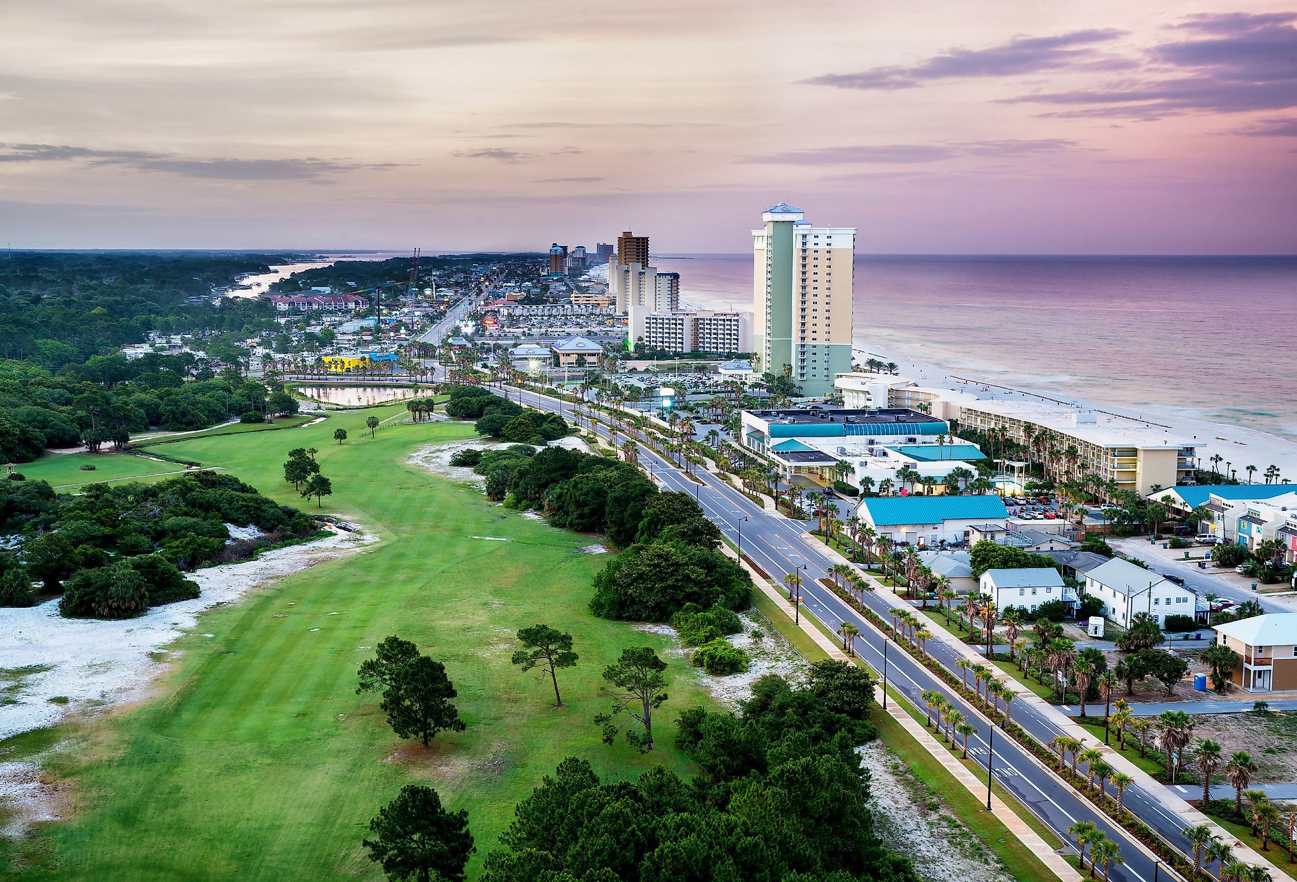 Panama City Beach, Florida, view of Front Beach Road at sunrise.