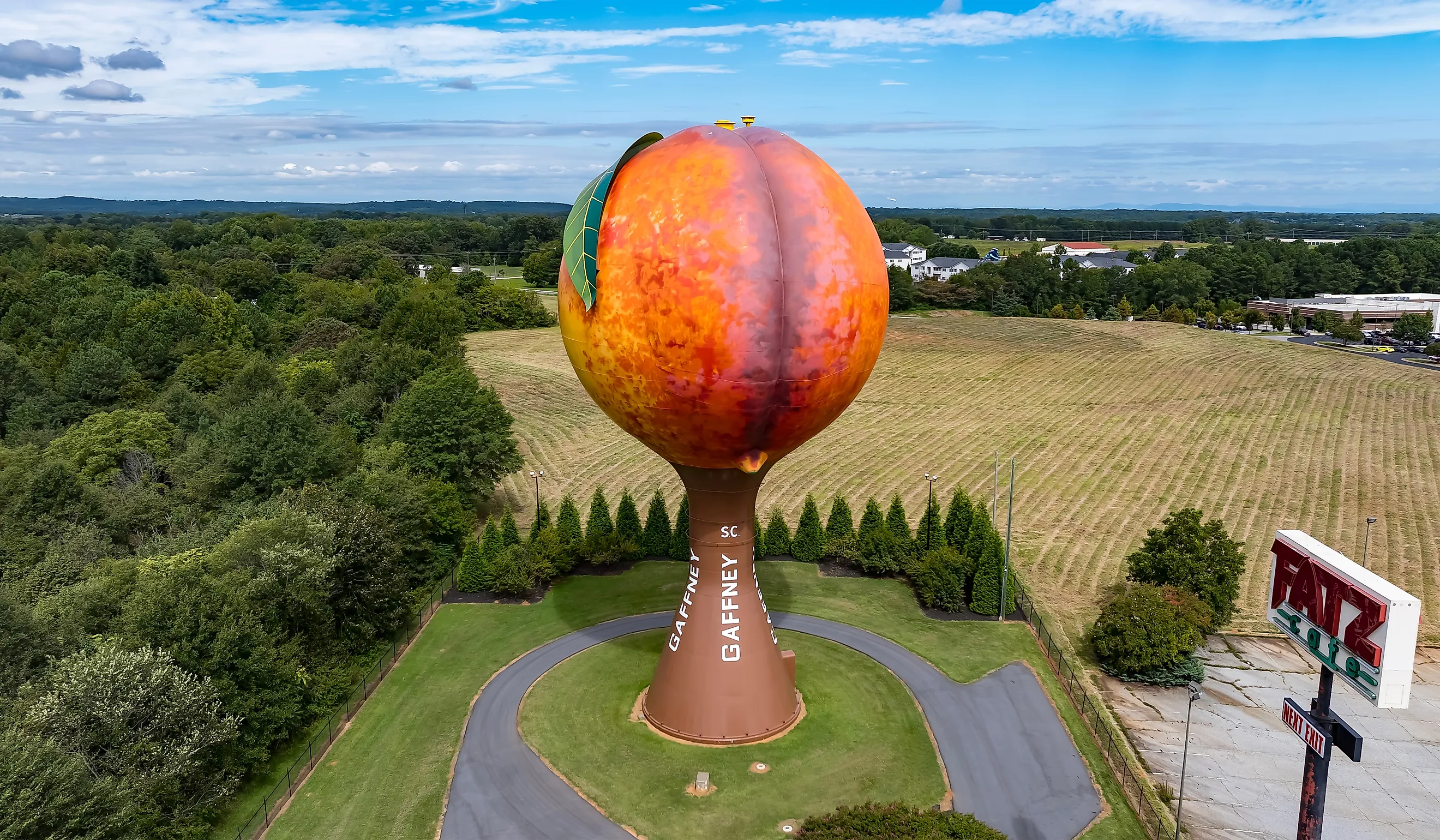 The Peachoid, a 135-foot water tower in Gaffney, SC. Editorial credit: Grindstone Media Group / Shutterstock.com