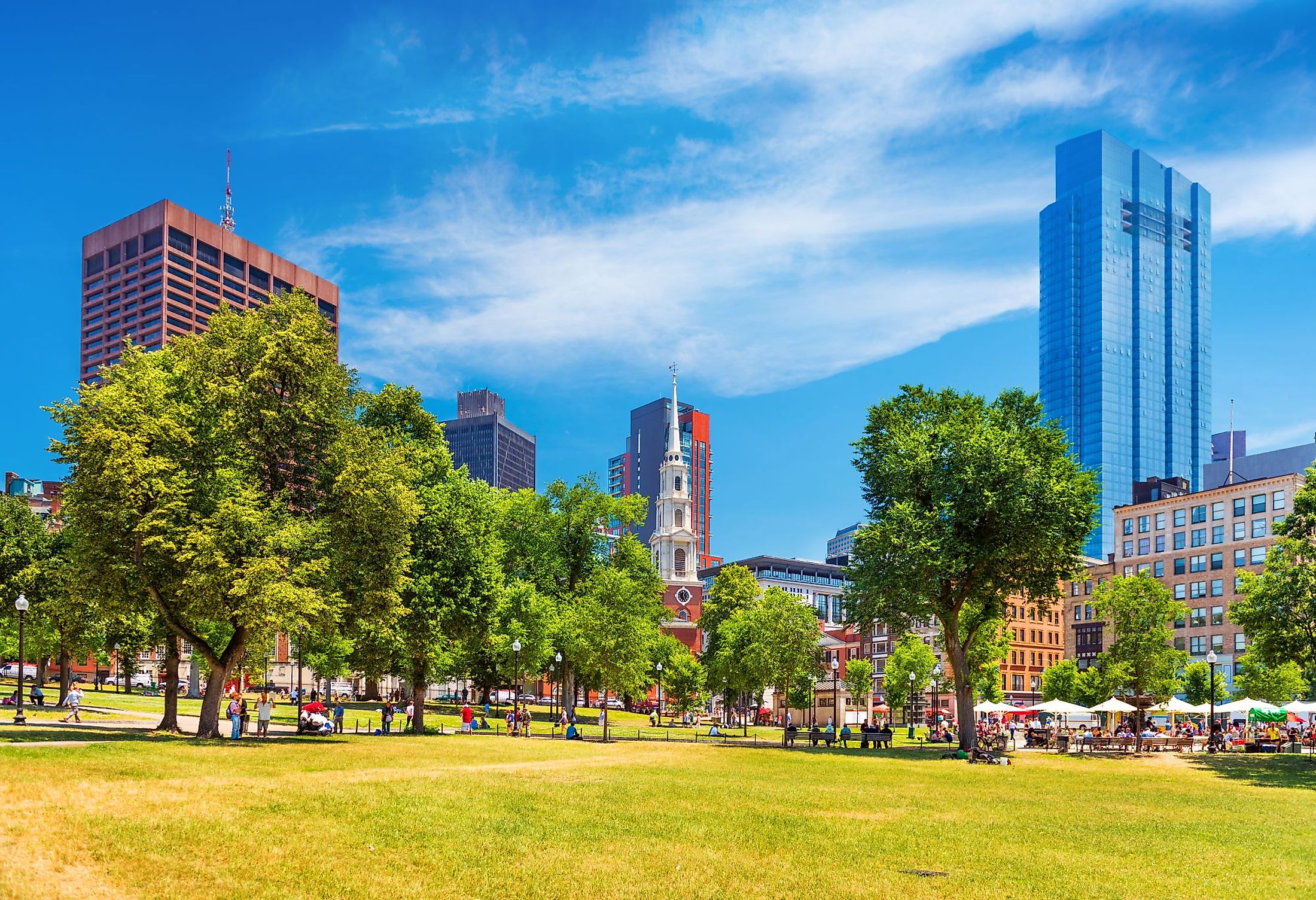 A view of the Boston Common, a central public park in downtown Boston, Massachusetts. 