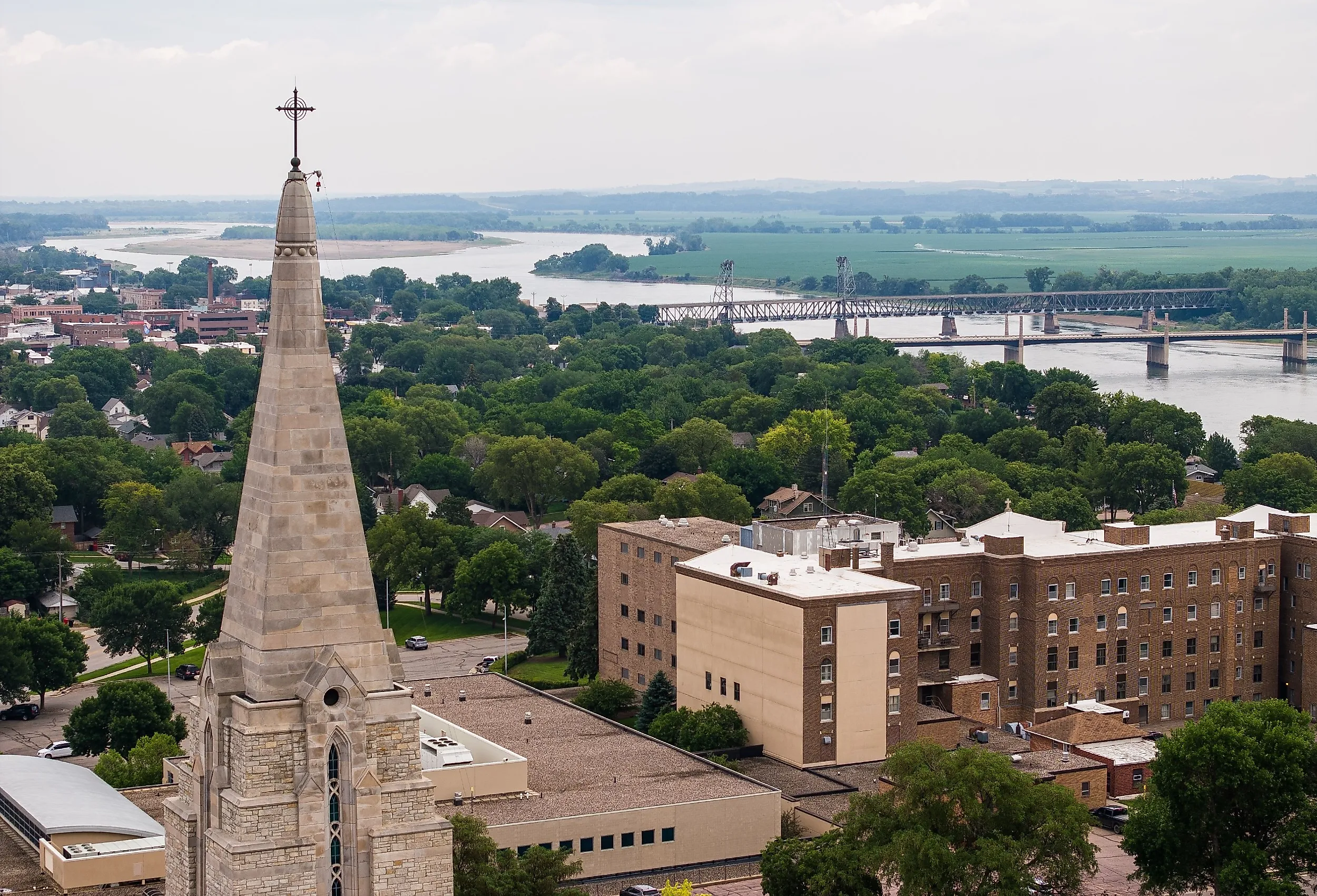 An aerial view of a cathedral near the Missouri river in Yankton, South Dakota.