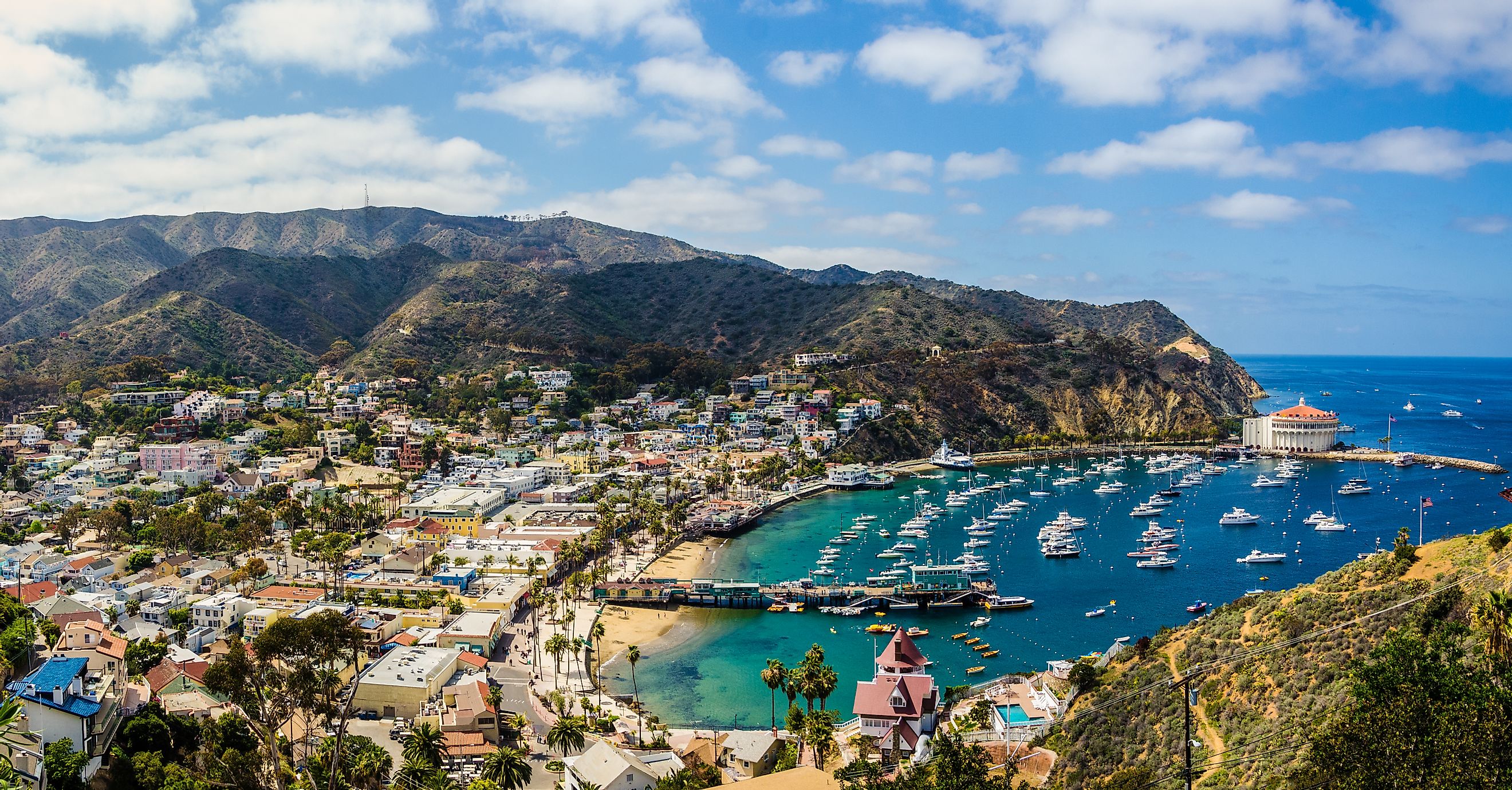 Ariel view of Avalon, a city on Santa Catalina Island, in the California Channel Islands.