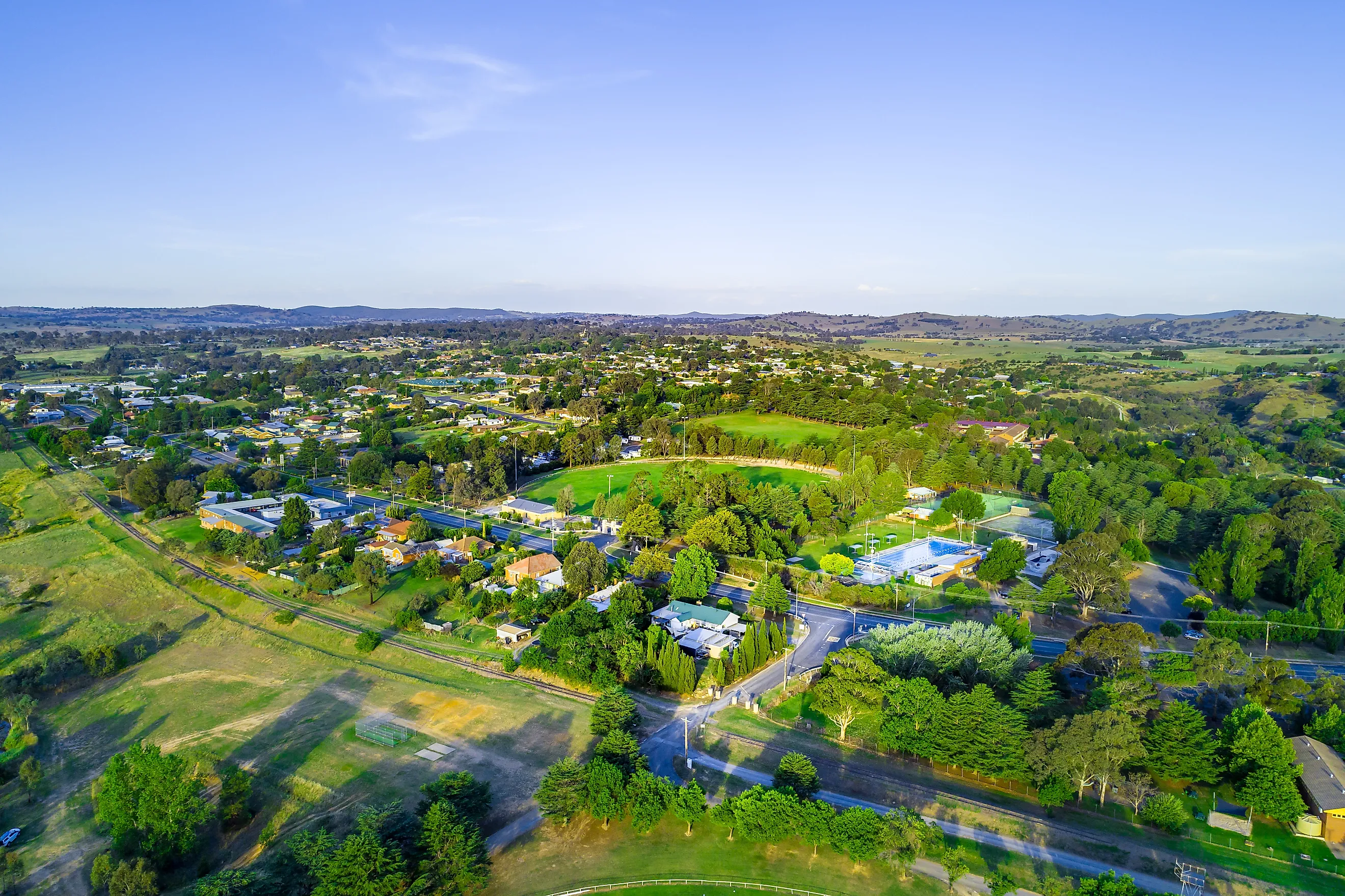 Aerial view of Yass township located on Hume Highway at sunset. New South Wales, Australia
