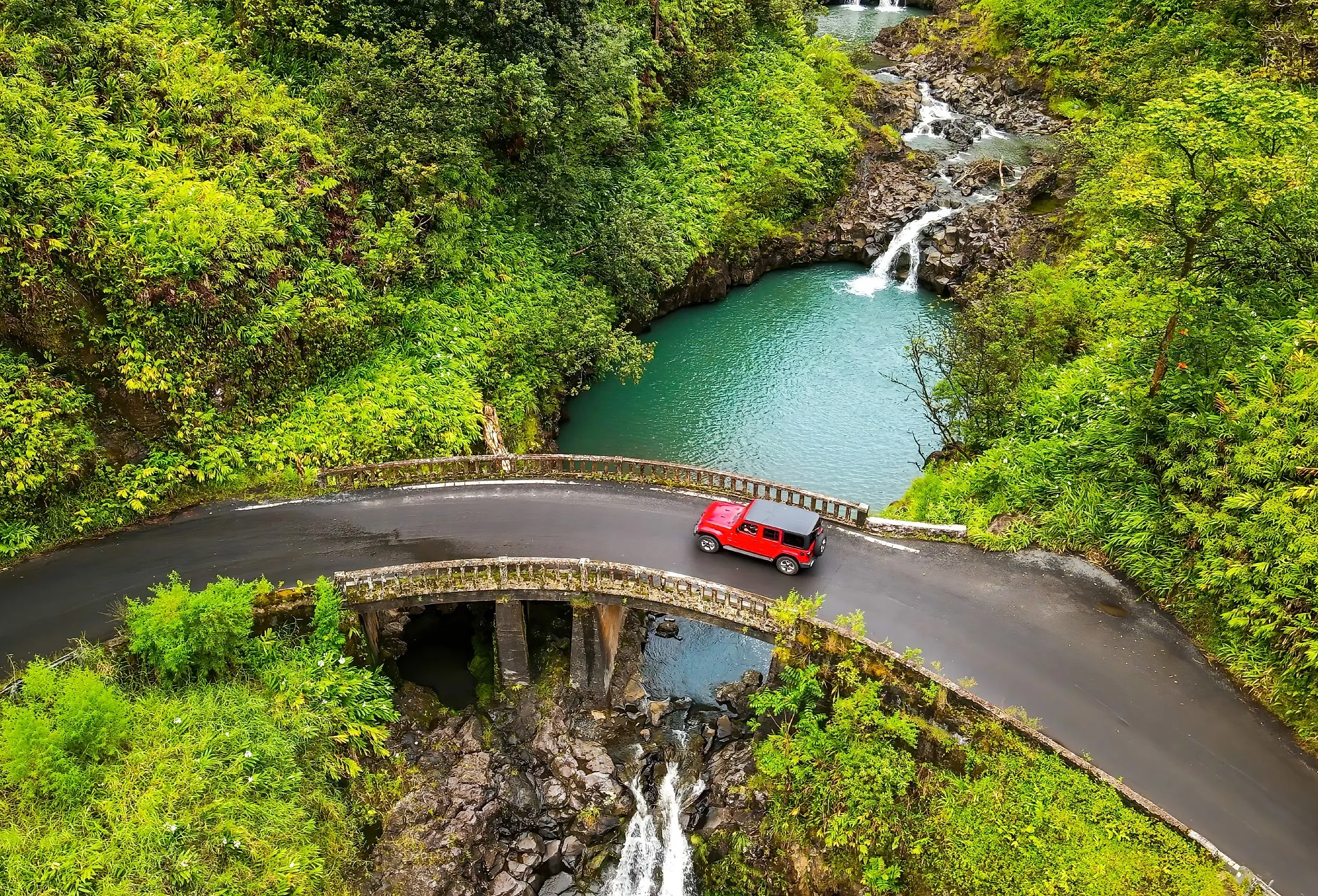 Overlooking waterfalls and one of the famous bridges which is on the Road to Hana, Hawaii.