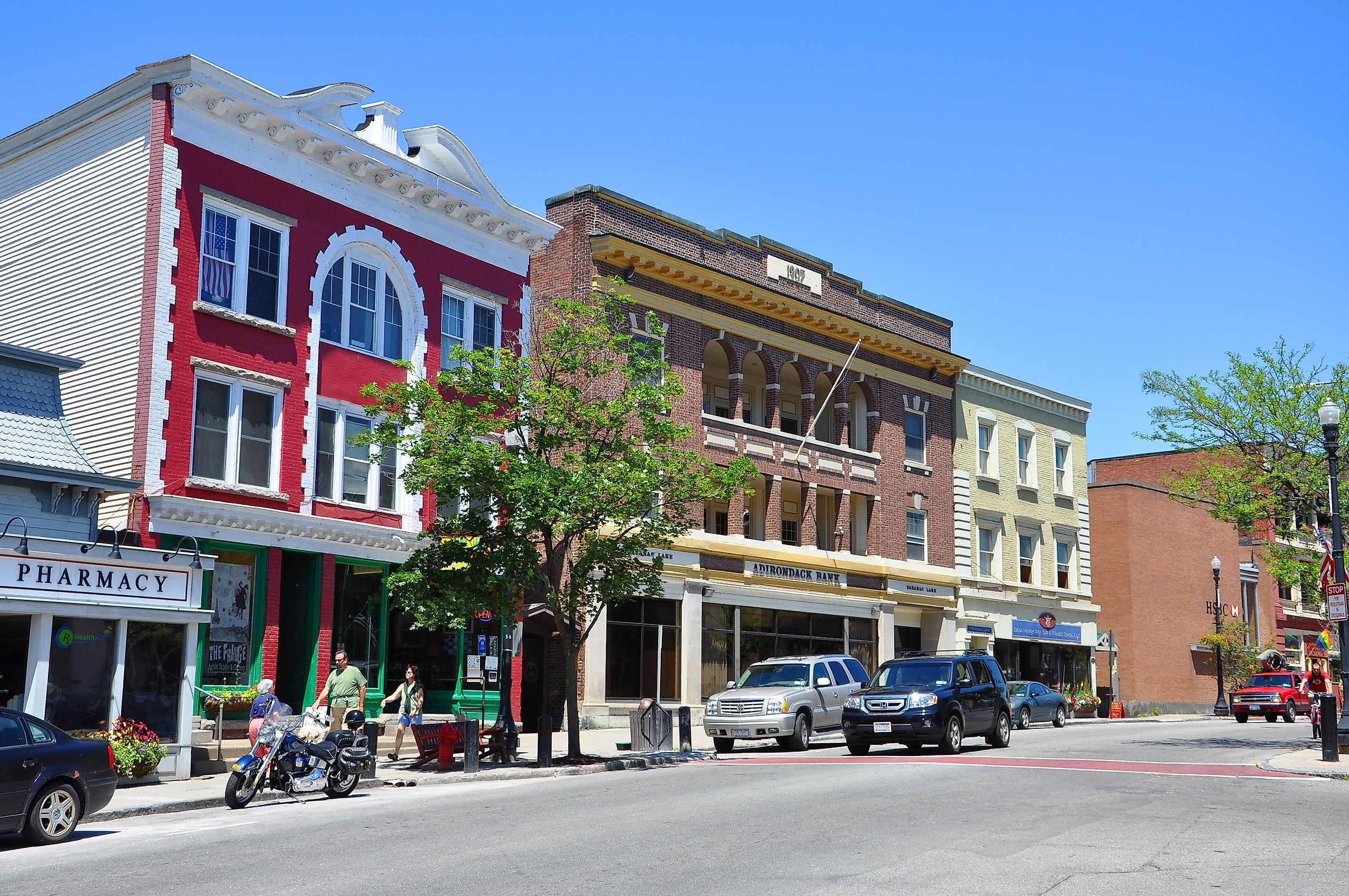 SARANAC LAKE, NY, USA - JUL. 3, 2011: Main Street in village of Saranac Lake in Adirondack Mountains, New York, USA.