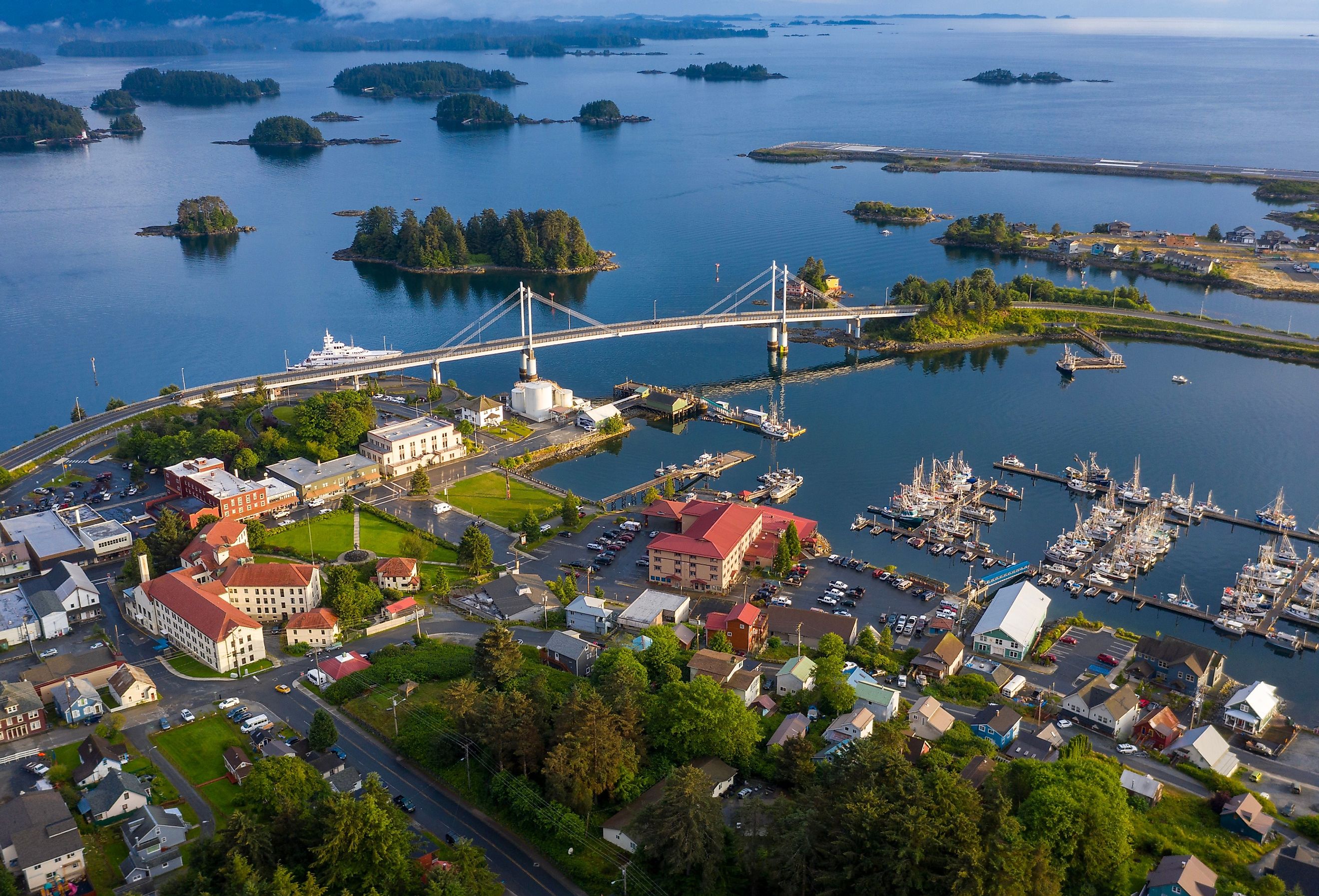 Aerial view of downtown Sitka, Alaska at sunset