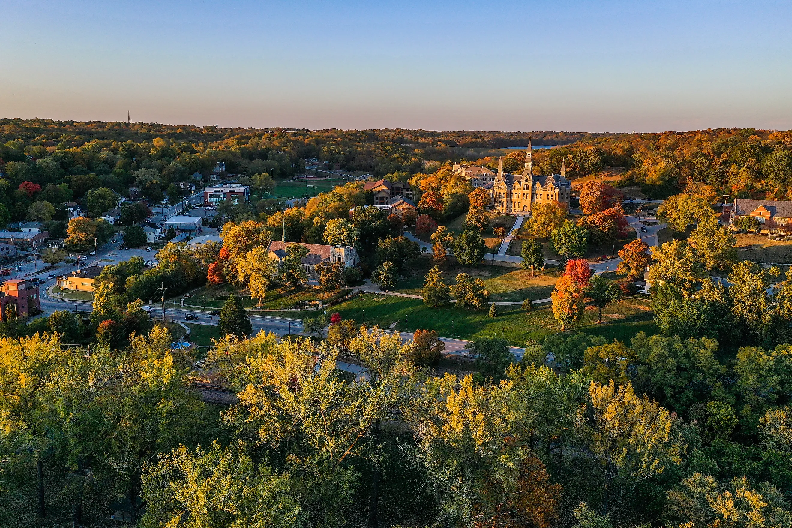 Aerial view of Parkville, Missouri, on a fall day.