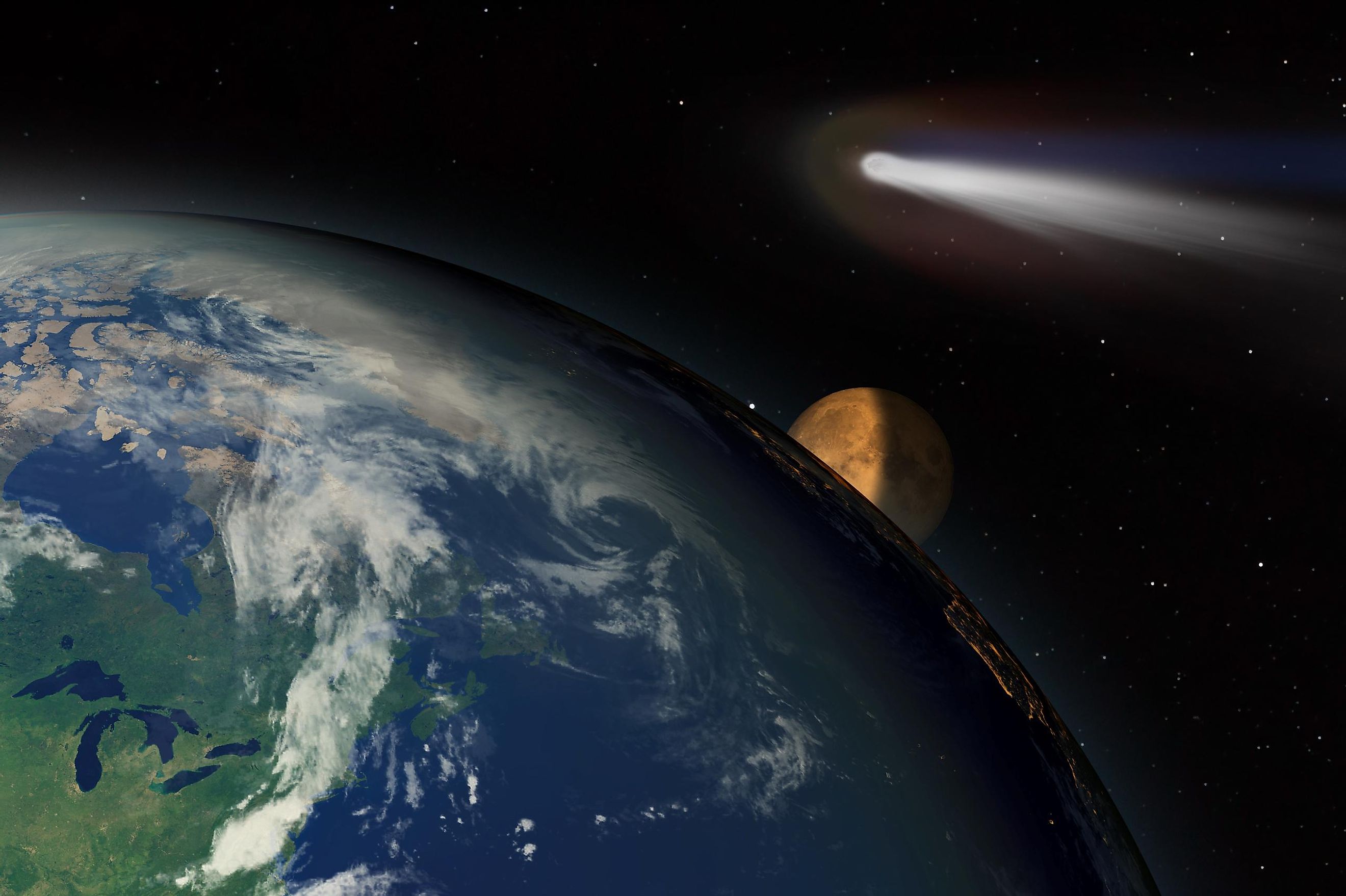 An Illustration of a Comet Passing Near Earth and the Moon