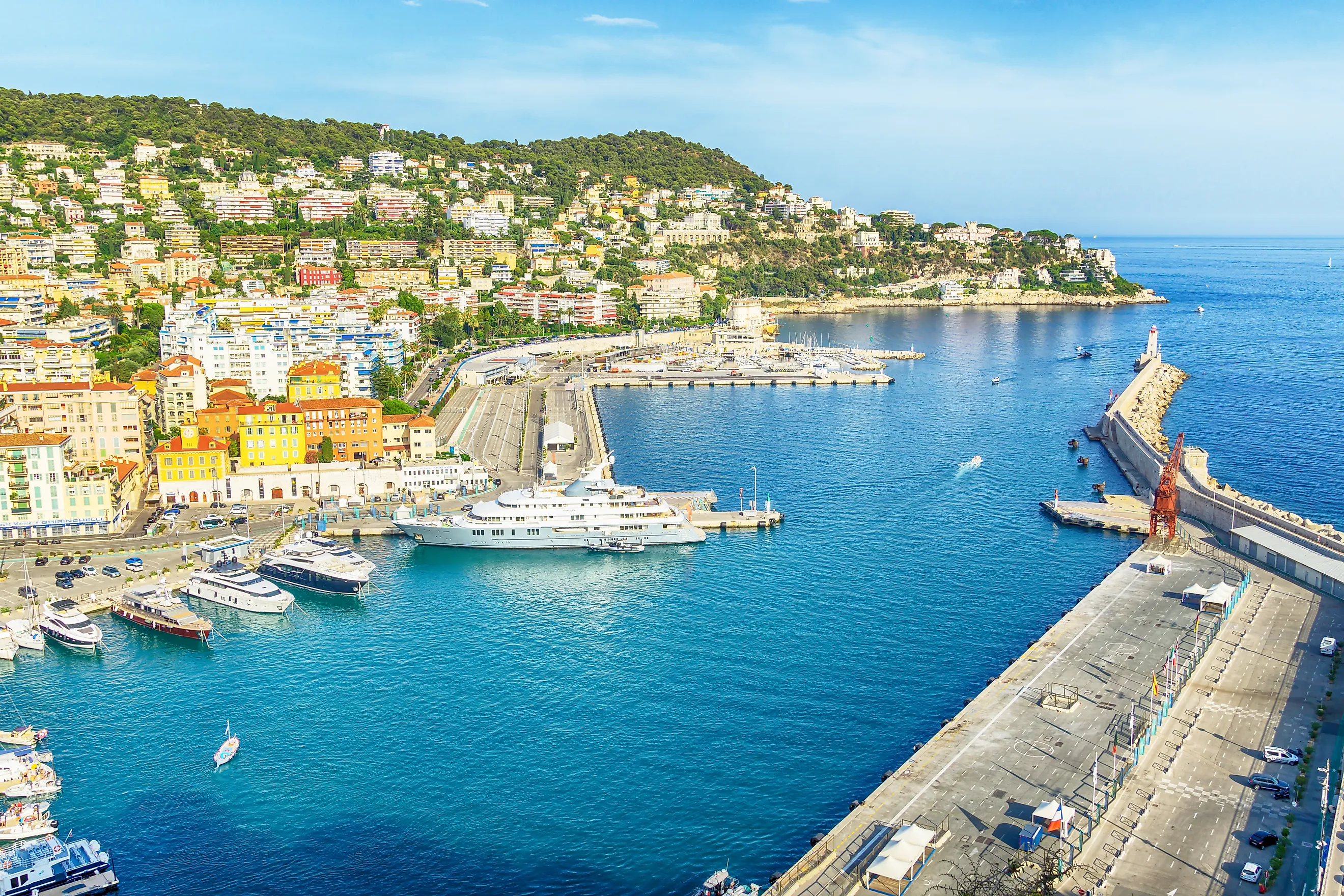Aerial view of harbor of Nice and Mediterranean Port Lympia with yachts under blue sky, Cote d'Azur, French Riviera, France. Editorial credit: laraslk / Shutterstock.com
