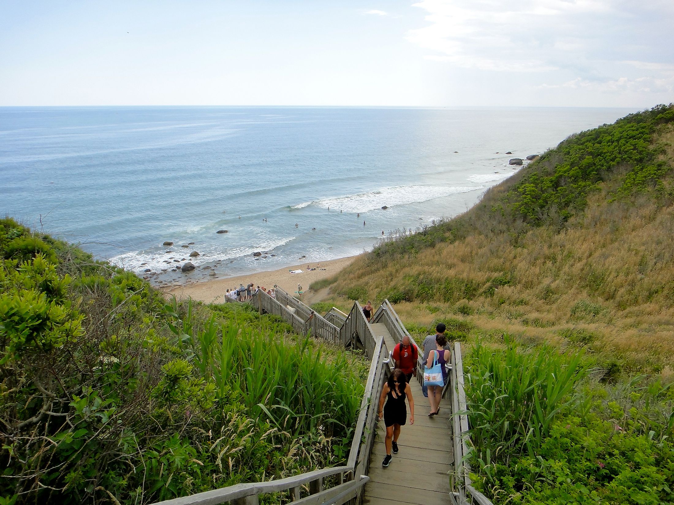 The stairs leading to the Mohegan Bluffs and beach on Block Island. Editorial credit: quiggyt4 / Shutterstock.com