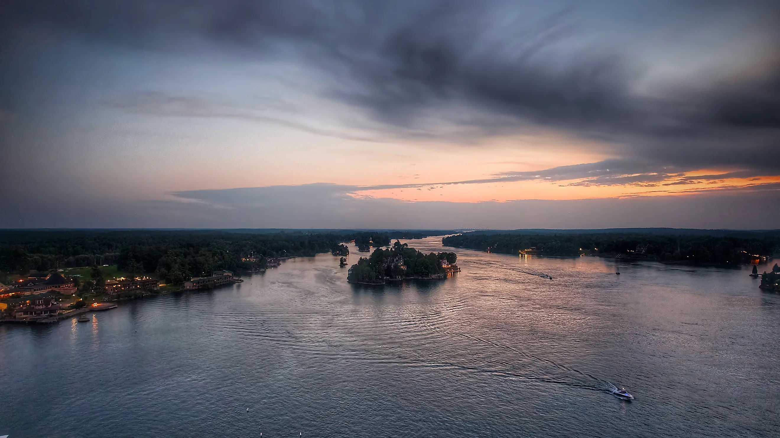 Islands in the St. Lawrence River at sunset near Alexandria Bay, New York.