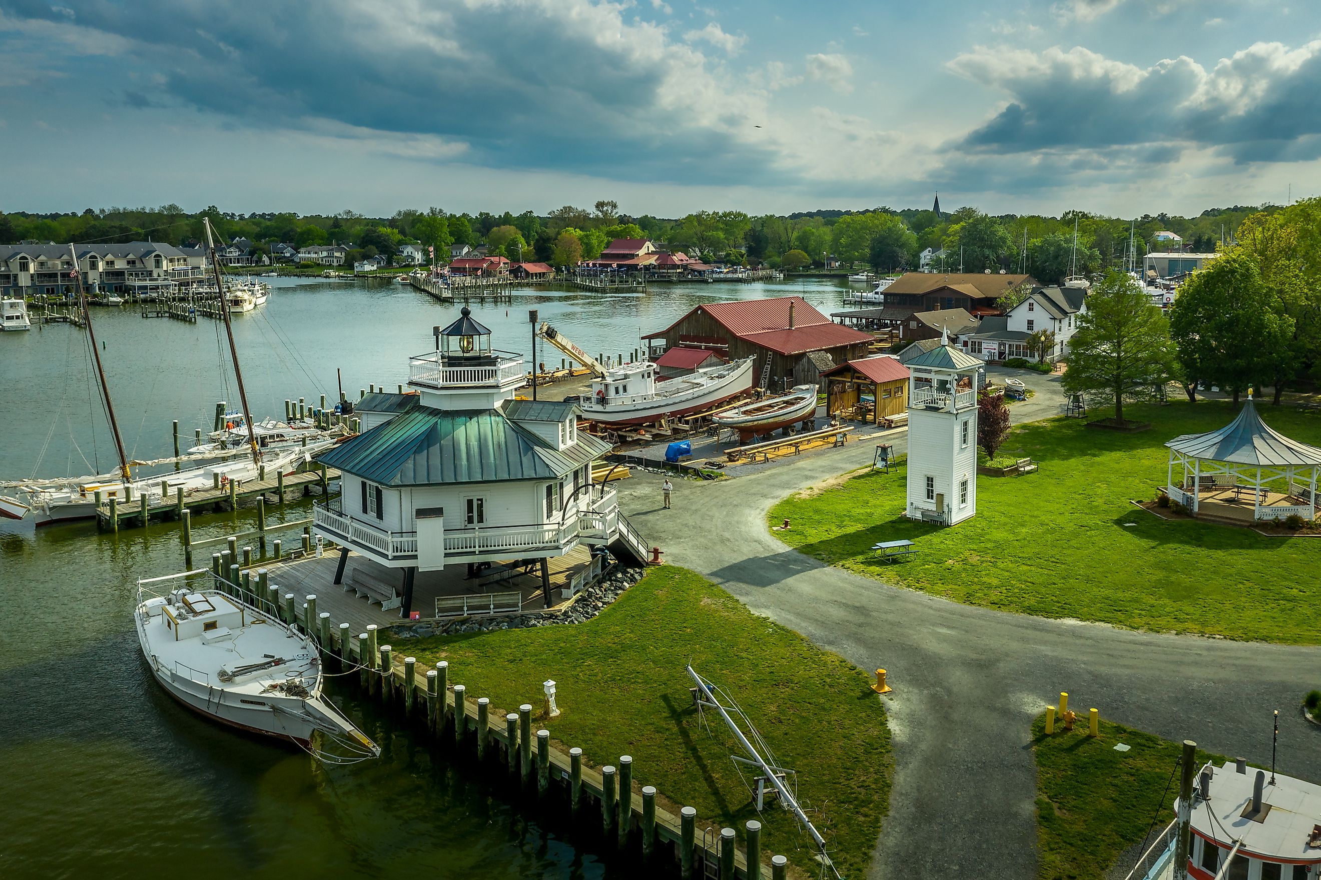 Aerial panorama of shipyard and lighthouse in St. Michaels harbor in Maryland in the Chesapeake Bay