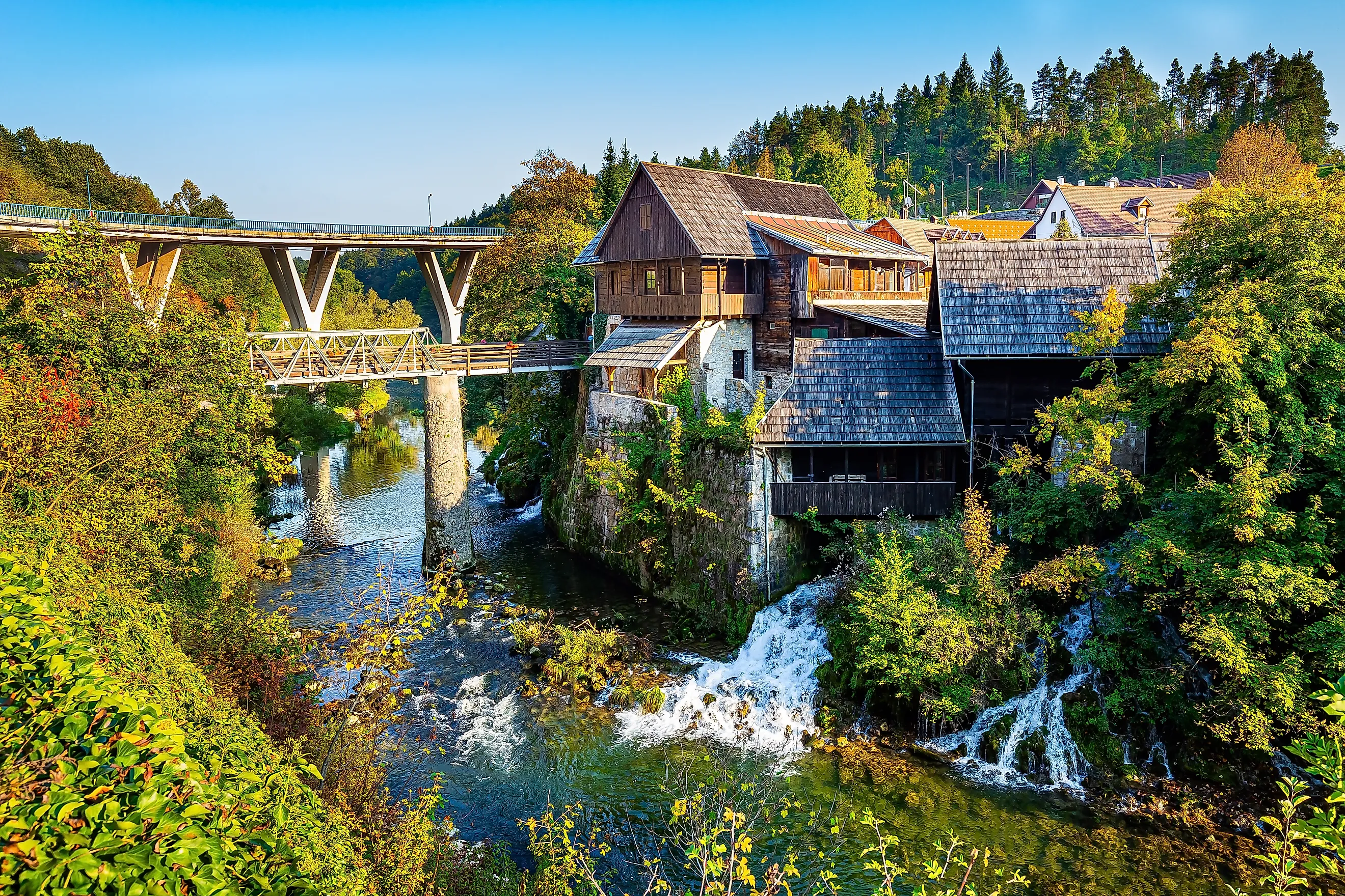 The modern viaduct over the Slunjcica River in Rastoke village of Slunj, Croatia.