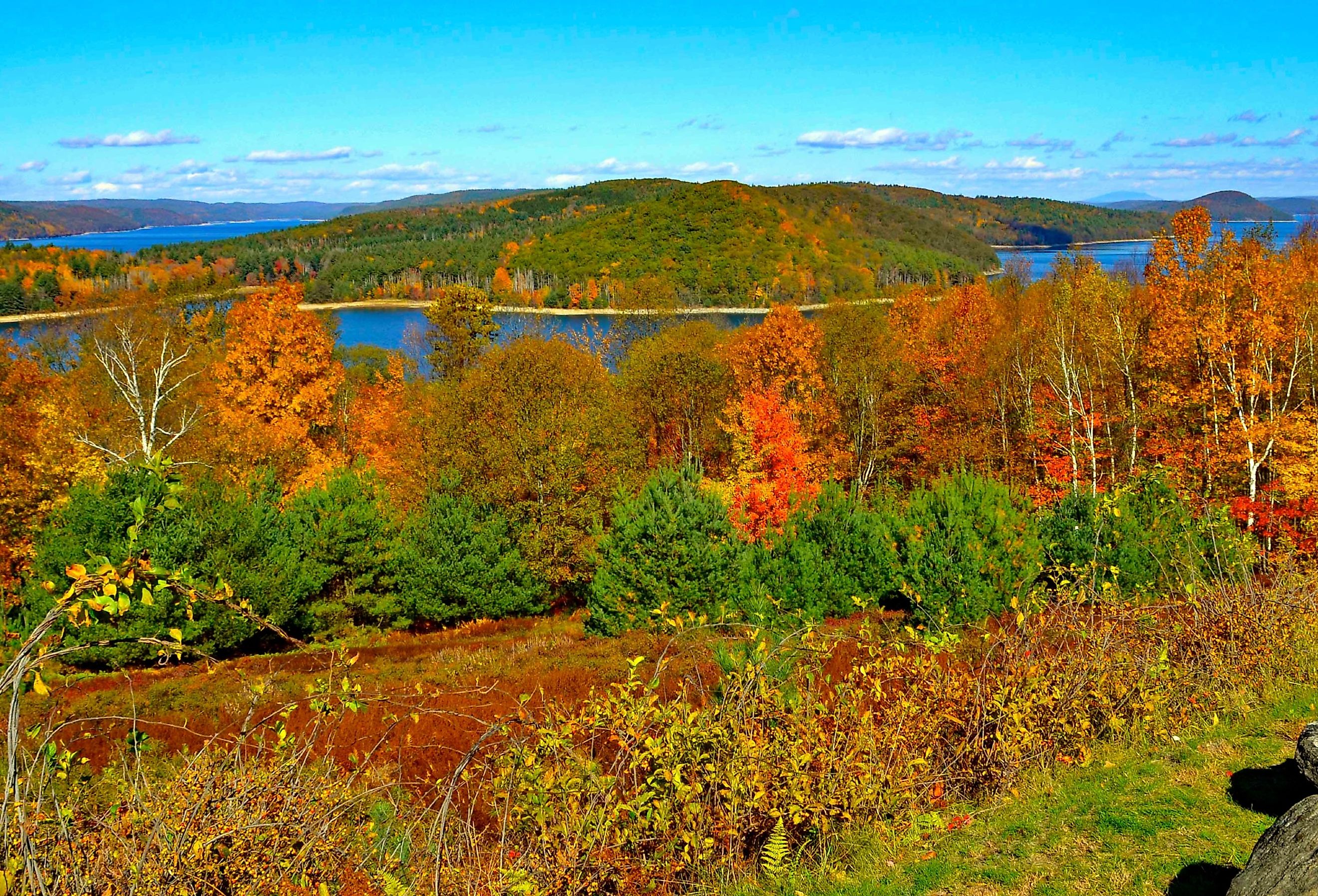 Quabbin Reservoir in Massachusetts during peak foliage season.