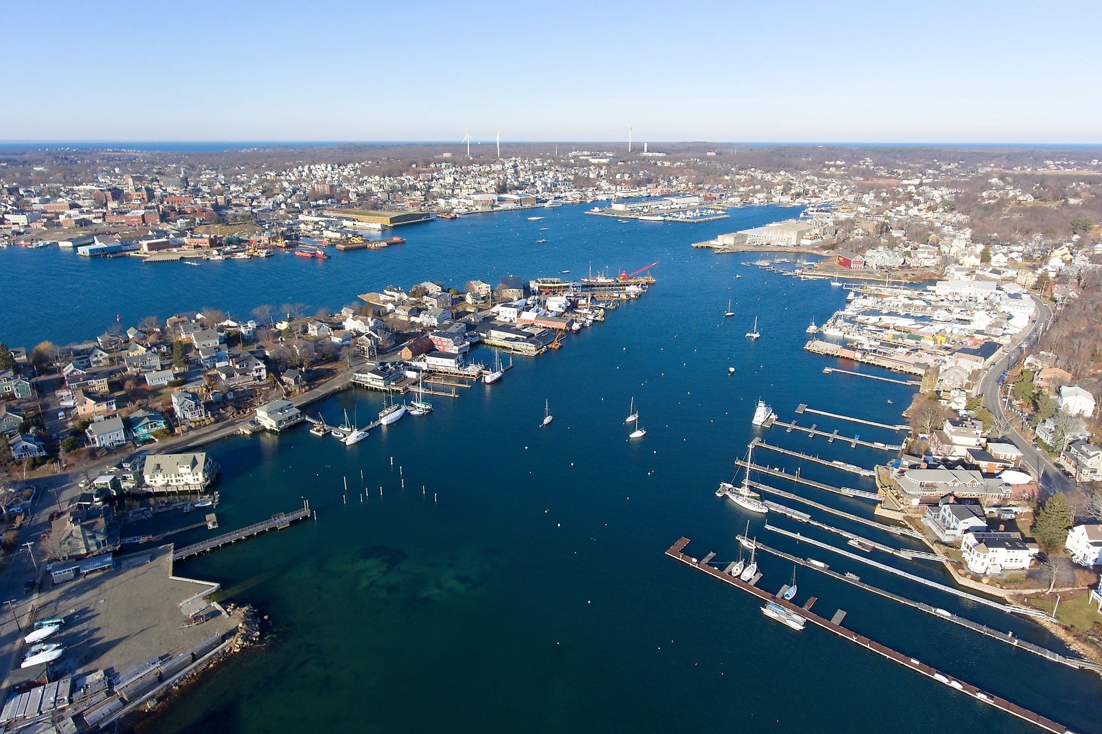 Aerial view of Rocky Neck and Gloucester Harbor in the city of Gloucester, Cape Ann, Massachusetts. 