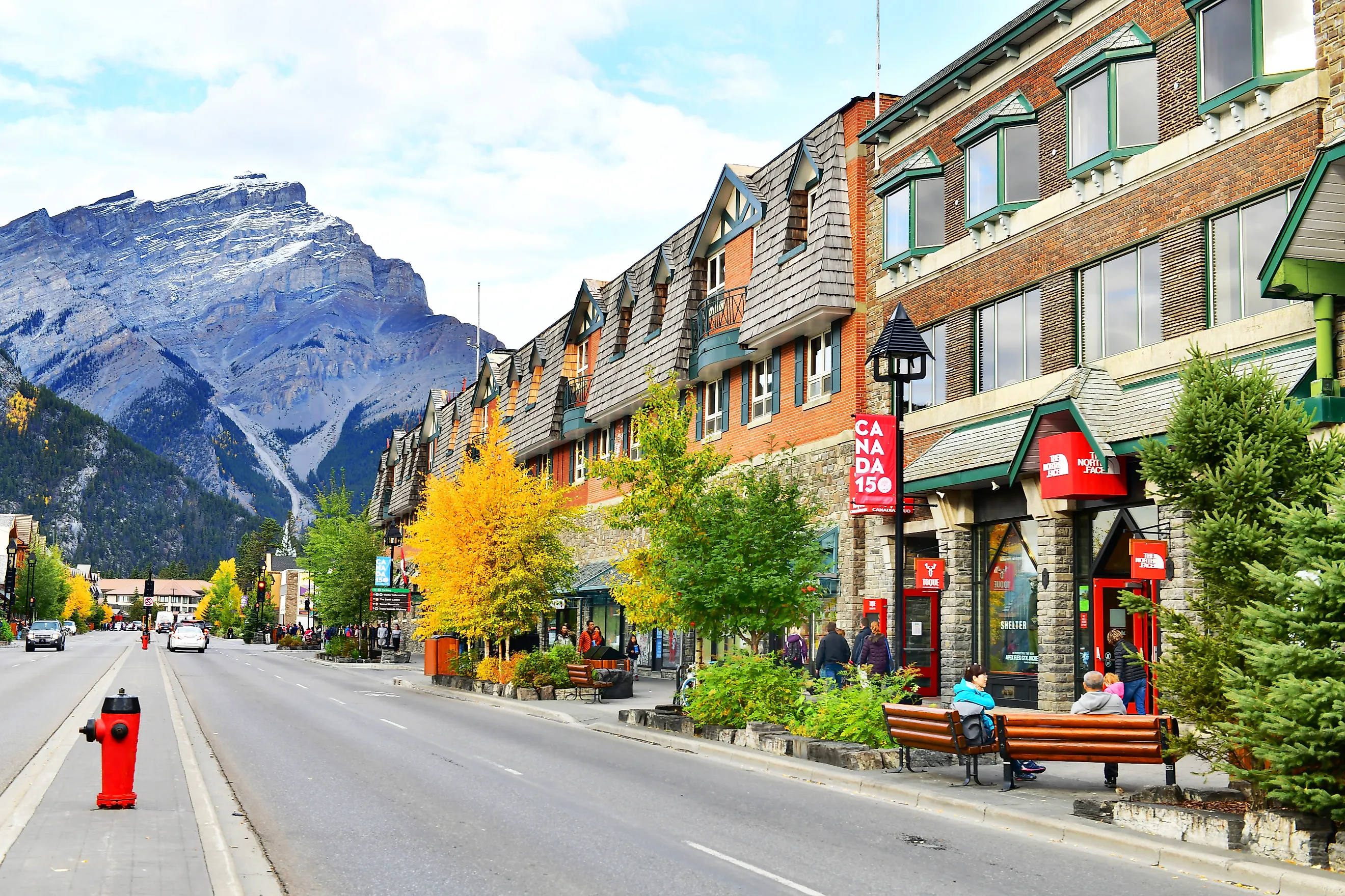 Street view of famous Banff Avenue in Banff National Park, Alberta.