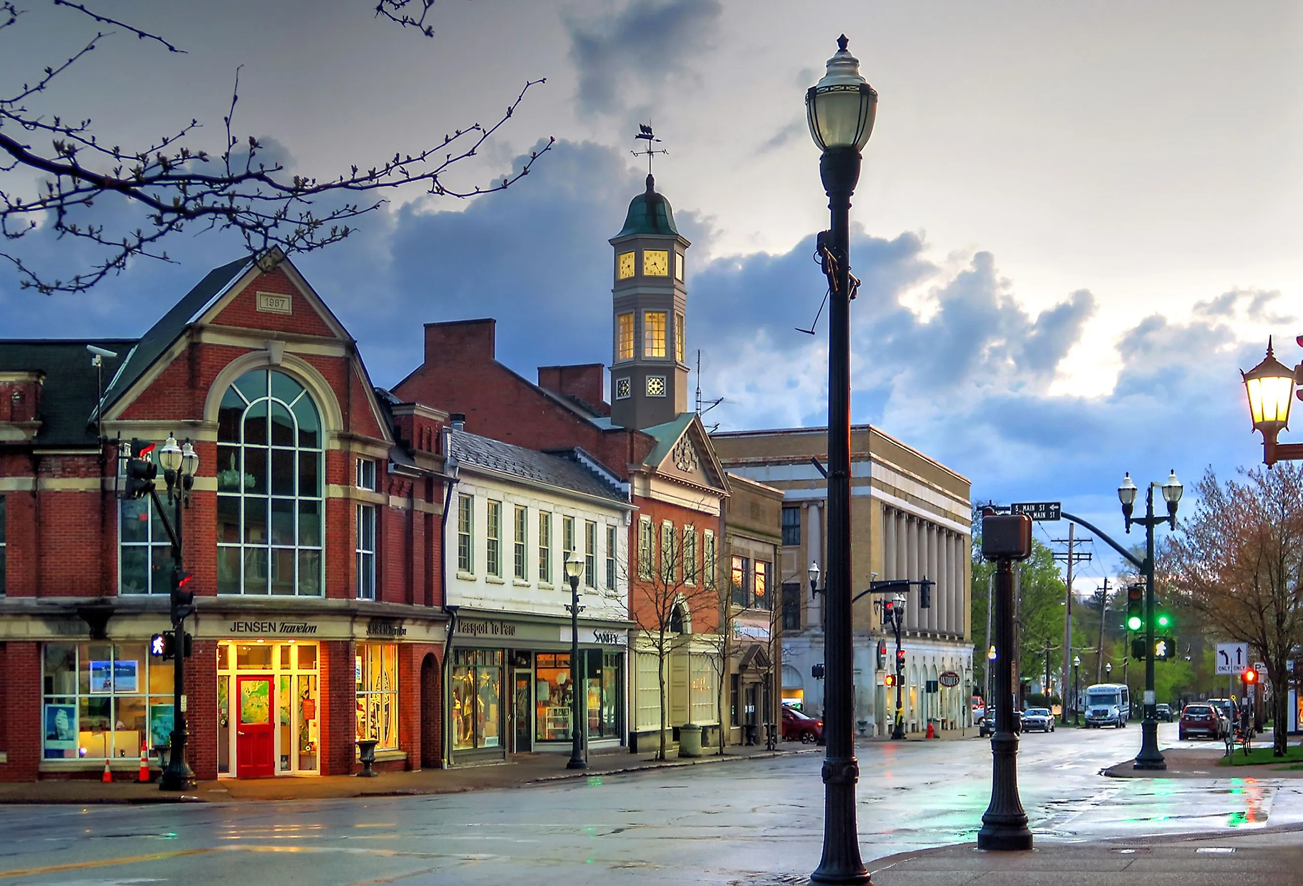 East Washington Street in the Village on a cold wet spring evening, Chagrin Falls, Ohio. Image credit Lynne Neuman via Shutterstock