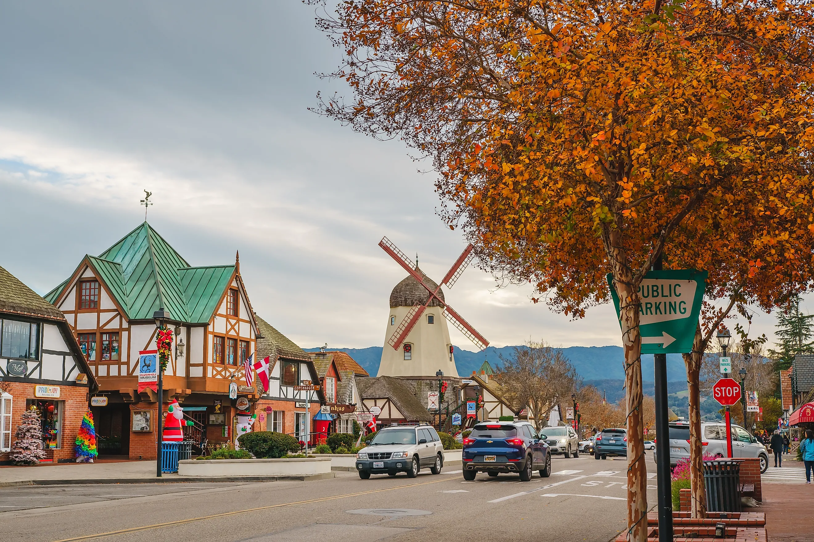 A Danish windmill and buildings along Main Street in Solvang, California. Editorial credit: HannaTor / Shutterstock.com