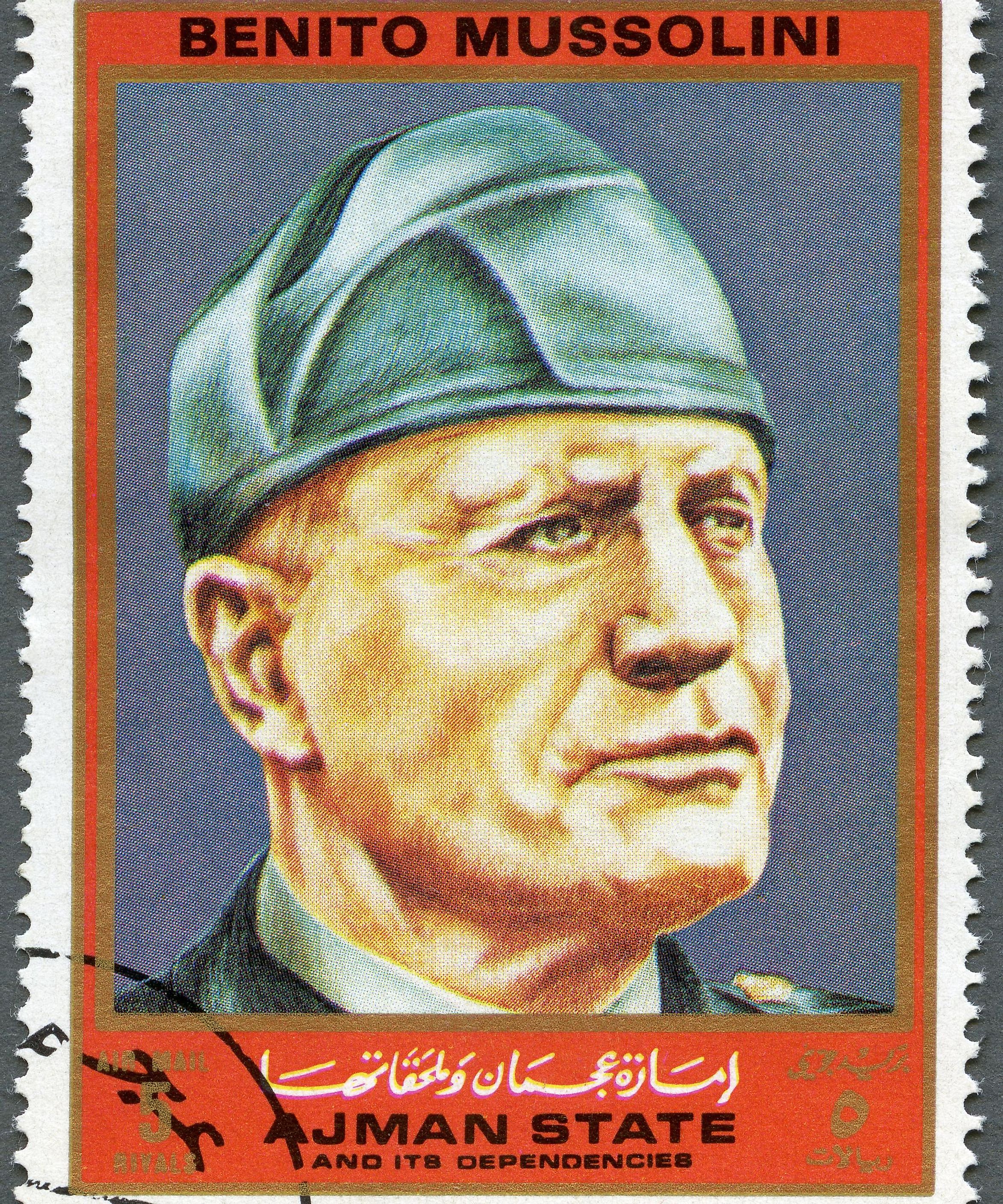 A stamp printed in Ajman shows Benito Mussolini (1883-1945), series Figures from the Second World War, circa 1972