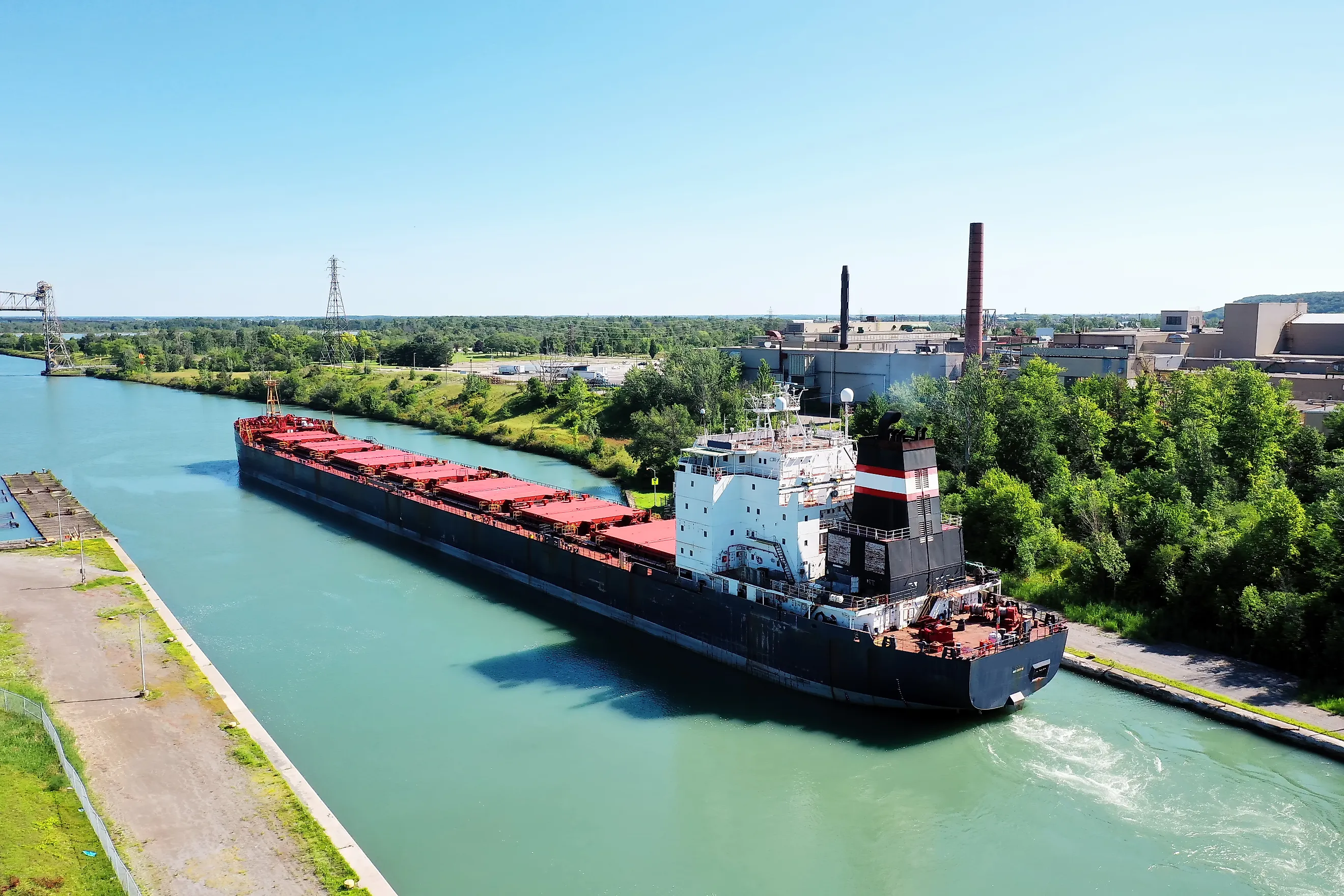 An aerial view of a Lake Freighter leaving a lock in the Welland Canal, Canada