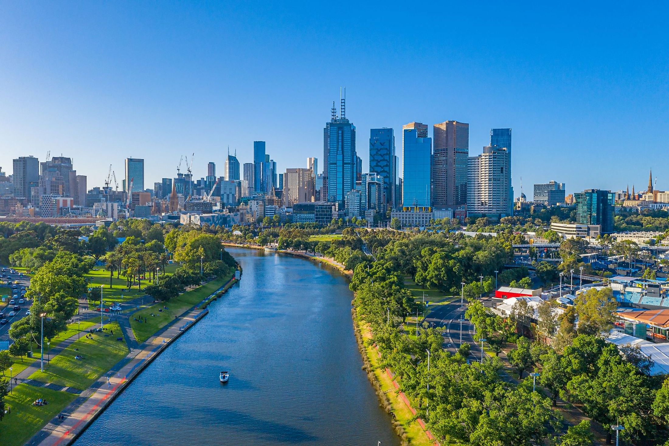 Aerial view of the Melbourne Central Business District and the Yarra River. 