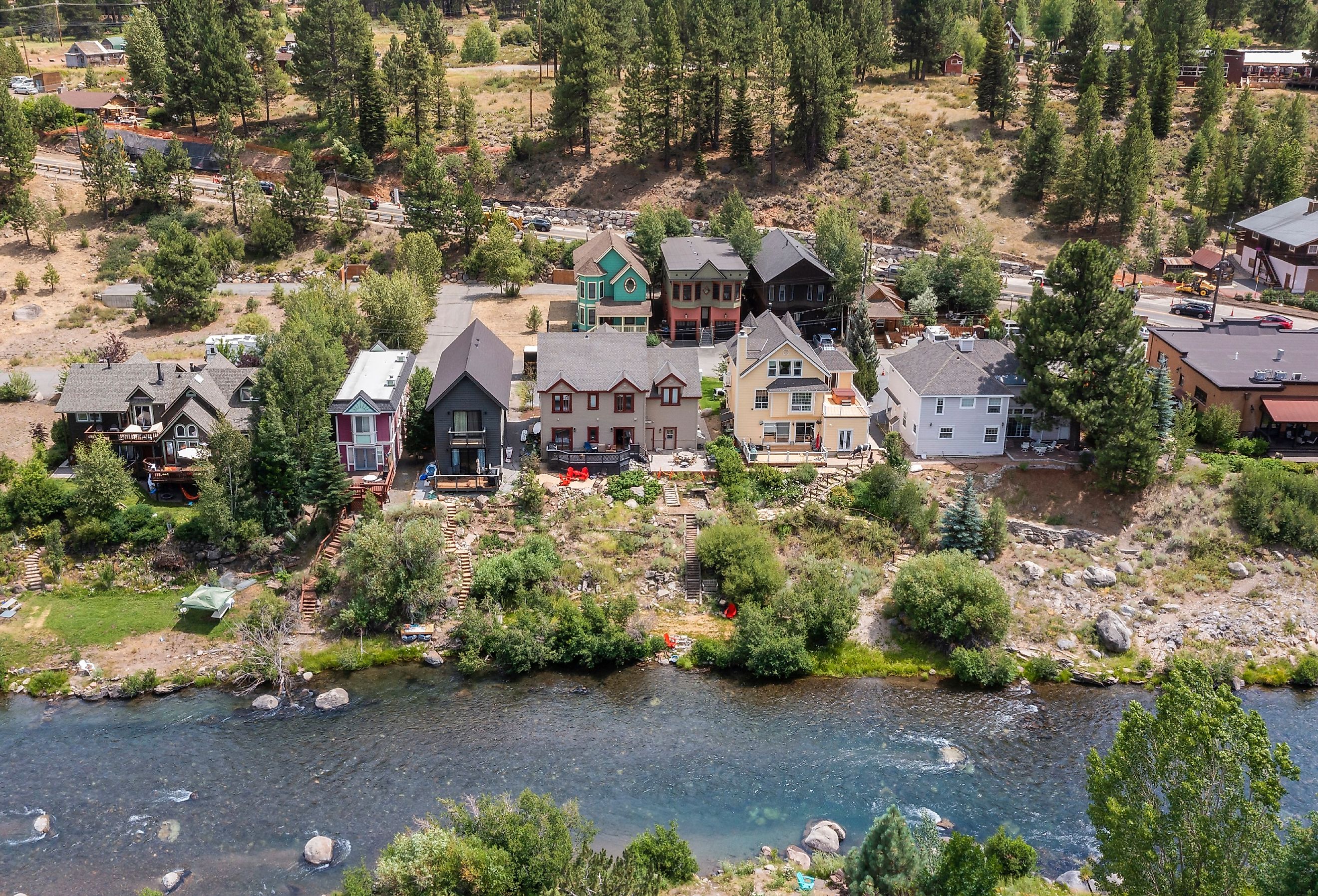 Aerial view of afternoon neighborhood view of historic homes in Truckee, California.