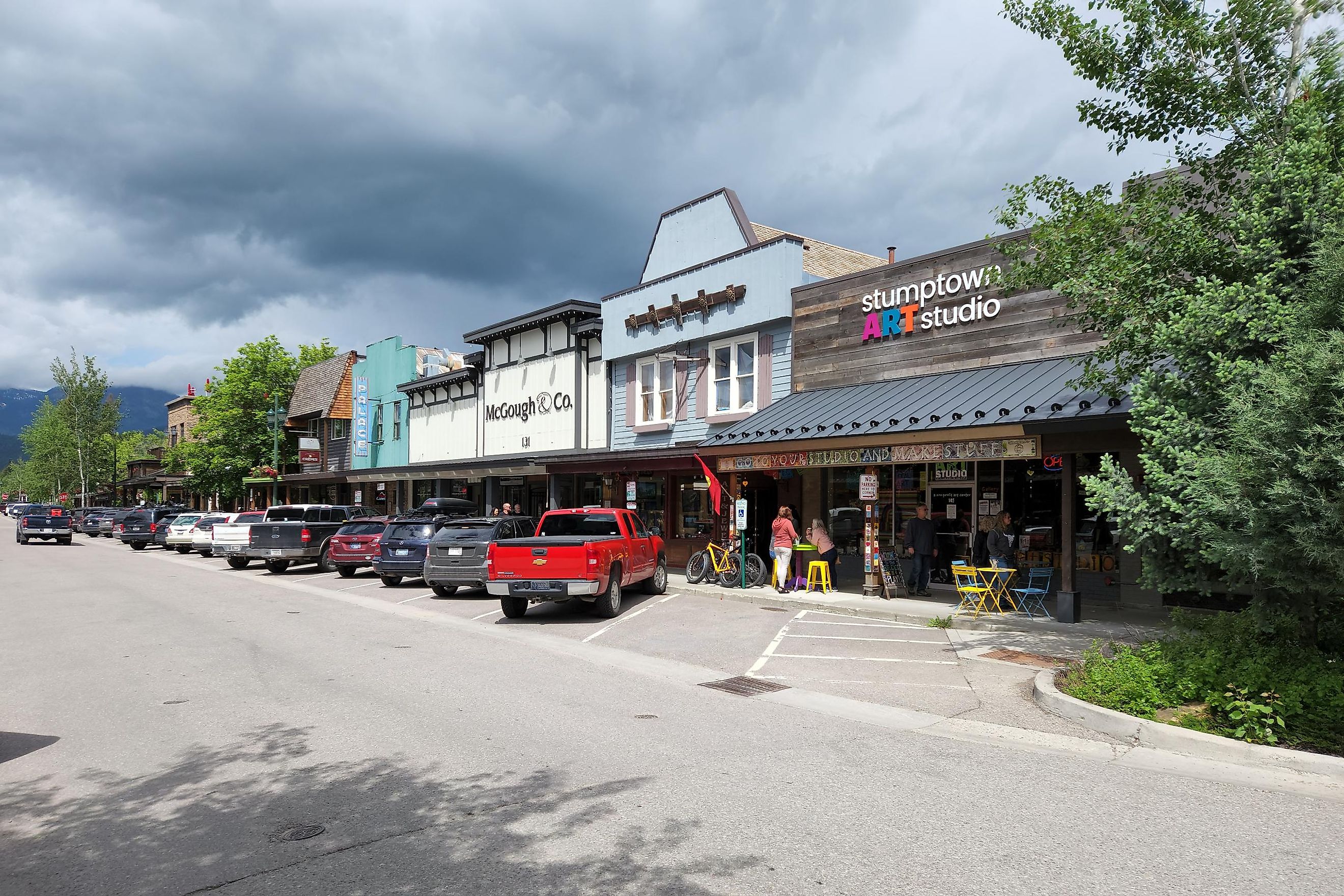 Whitefish, Montana: Street scene of city's downtown commercial and entertainment district.