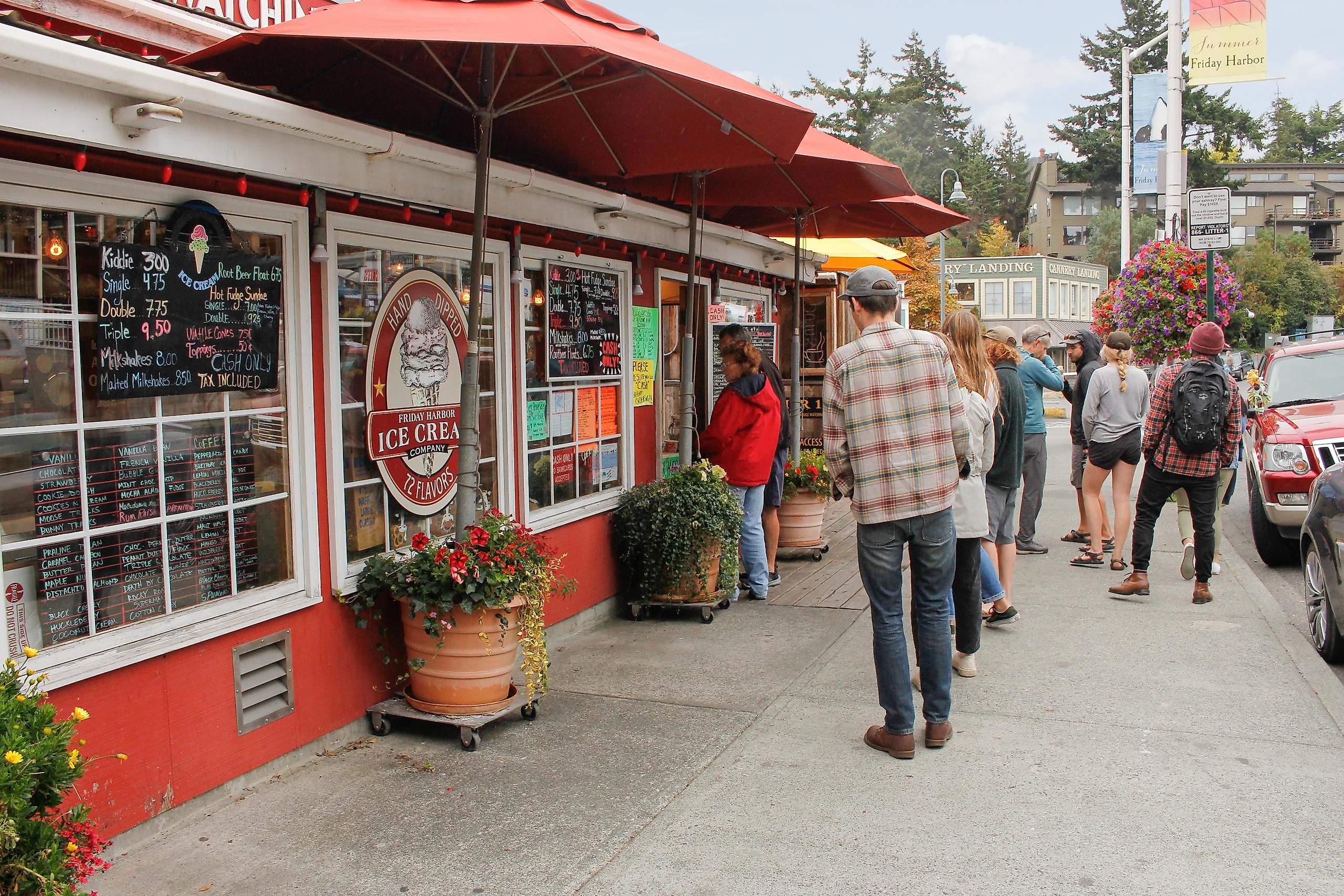Friday Harbor, Washington: A view of a line of hungry customers waiting to order at Friday Harbor Ice Cream Company. Editorial credit: The Image Party / Shutterstock.com
