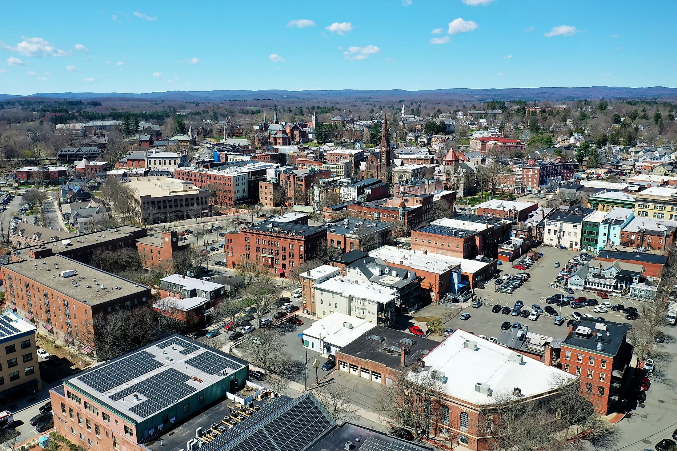 An aerial view of Northampton, Massachusetts on a beautiful day. 